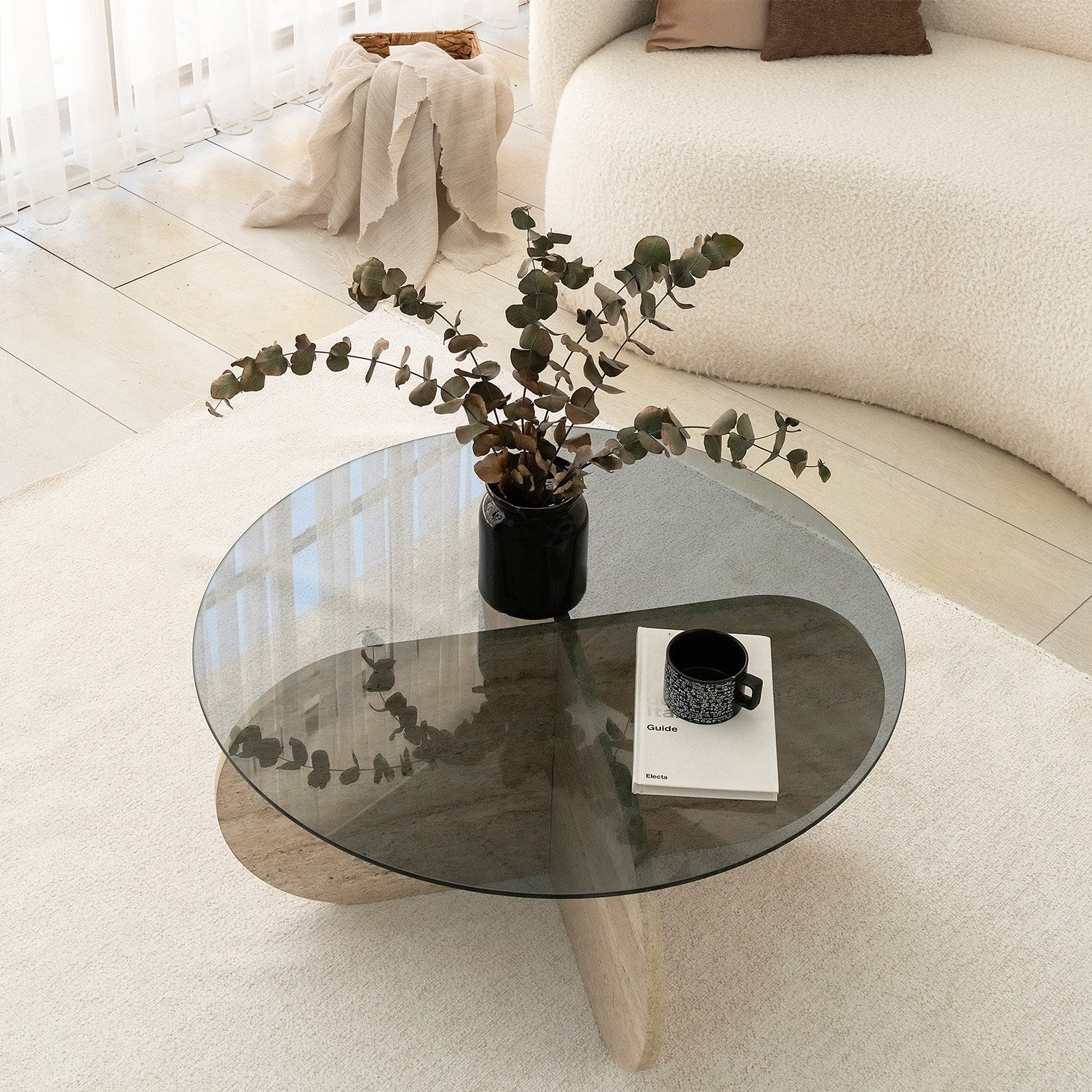 Mesa de Centro Elegante com Tampo 100% Vidro e Base Revestida em Melamina, 75 cm de Diâmetro, 35 cm de Altura | Cores Elegantes em Travertino e Fumê | Design Moderno em Mármore