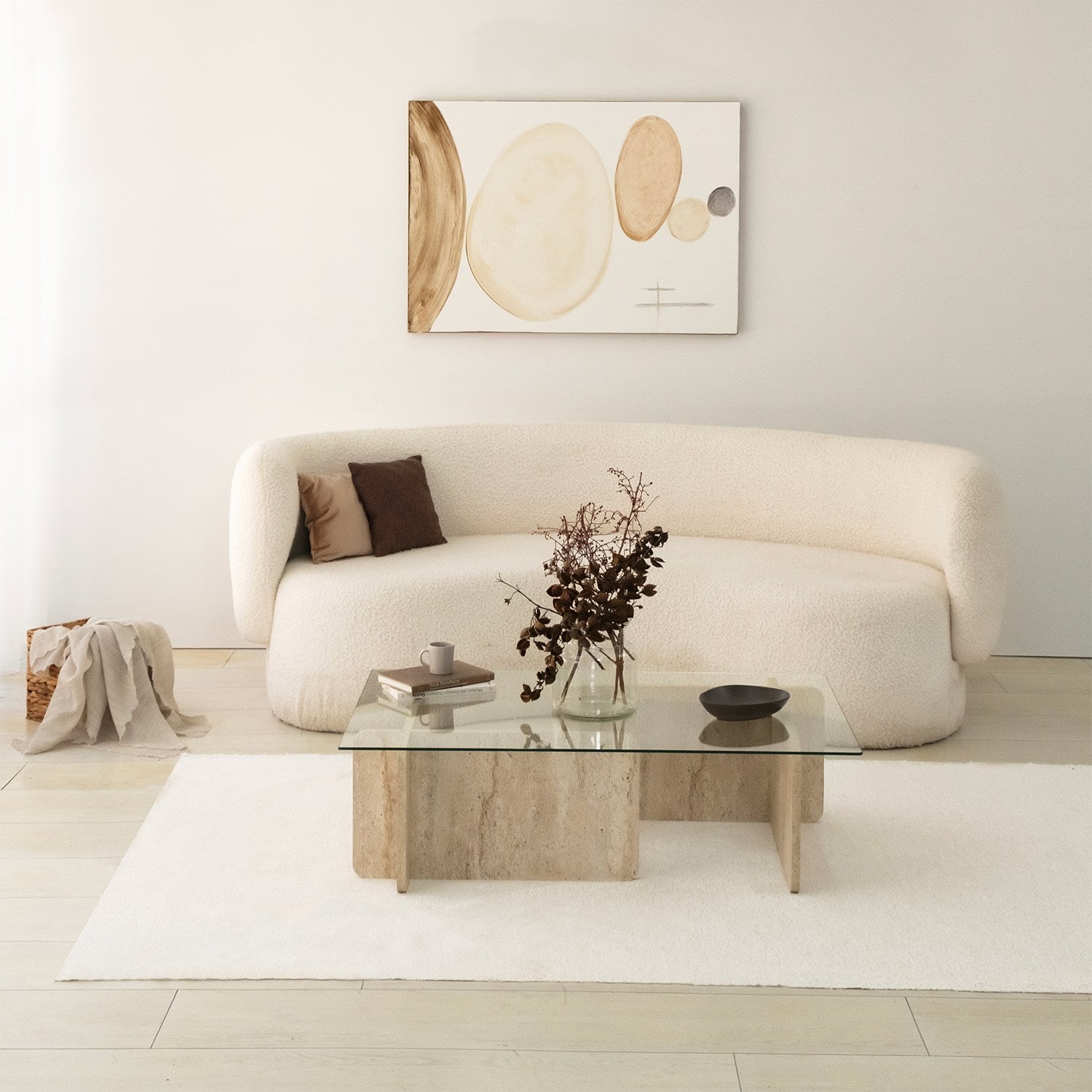 Mesa de Centro Elegante, Cor Travertino, 105 x 30 x 65 cm | Tampo 100% Vidro e Painel de Partículas Revestido em Melamina, 18 mm de Espessura | Design Elegante em Mármore para Espaços Modernos