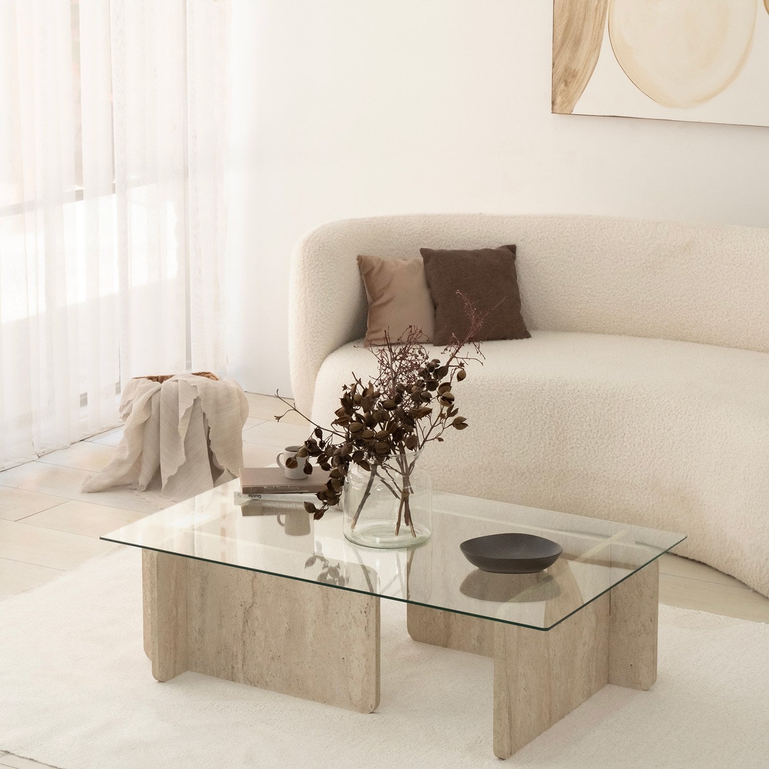 Mesa de Centro Elegante, Cor Travertino, 105 x 30 x 65 cm | Tampo 100% Vidro e Painel de Partículas Revestido em Melamina, 18 mm de Espessura | Design Elegante em Mármore para Espaços Modernos