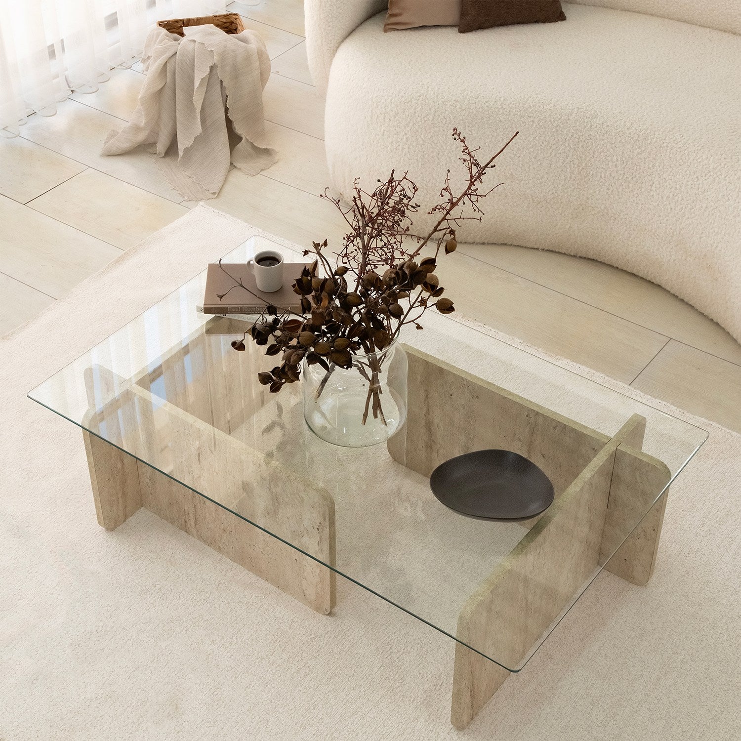 Mesa de Centro Elegante, Cor Travertino, 105 x 30 x 65 cm | Tampo 100% Vidro e Painel de Partículas Revestido em Melamina, 18 mm de Espessura | Design Elegante em Mármore para Espaços Modernos