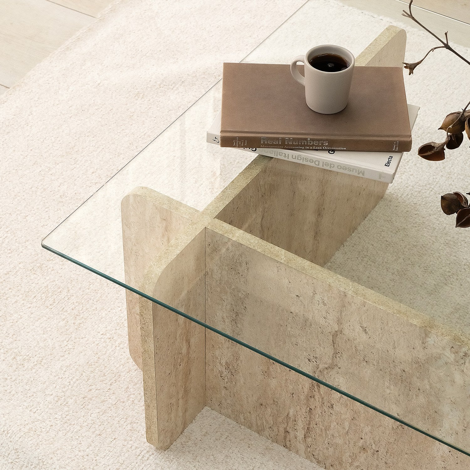 Mesa de Centro Elegante, Cor Travertino, 105 x 30 x 65 cm | Tampo 100% Vidro e Painel de Partículas Revestido em Melamina, 18 mm de Espessura | Design Elegante em Mármore para Espaços Modernos