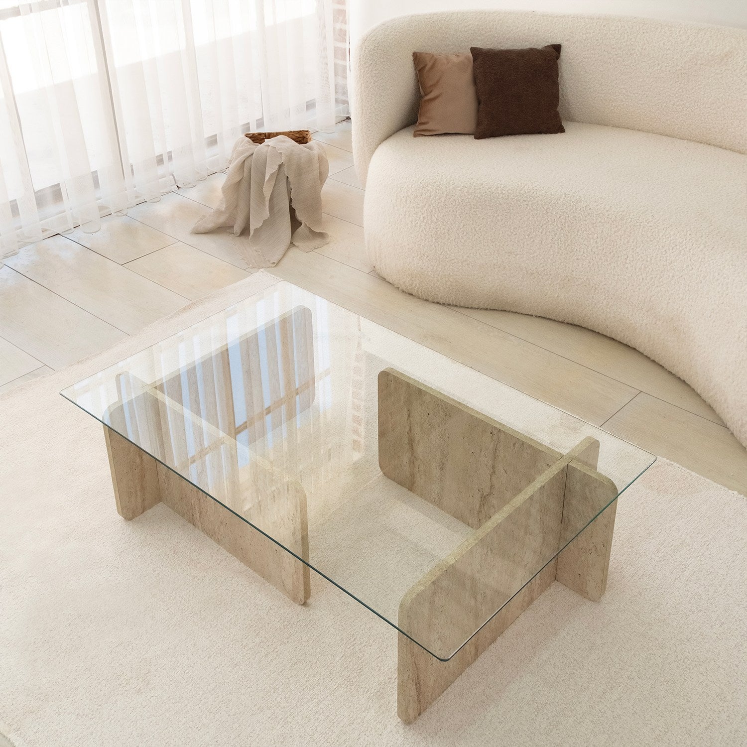 Mesa de Centro Elegante, Cor Travertino, 105 x 30 x 65 cm | Tampo 100% Vidro e Painel de Partículas Revestido em Melamina, 18 mm de Espessura | Design Elegante em Mármore para Espaços Modernos