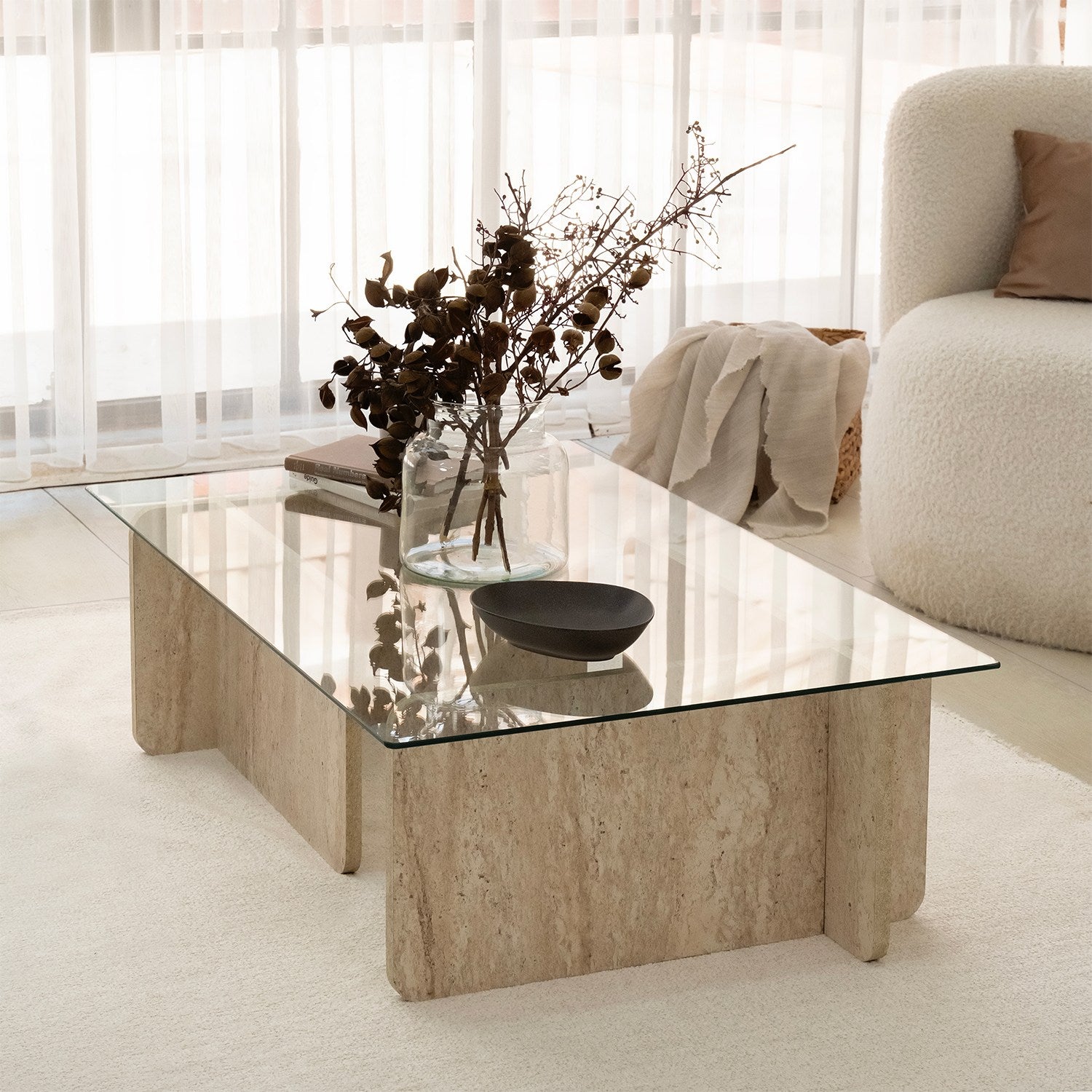 Mesa de Centro Elegante, Cor Travertino, 105 x 30 x 65 cm | Tampo 100% Vidro e Painel de Partículas Revestido em Melamina, 18 mm de Espessura | Design Elegante em Mármore para Espaços Modernos
