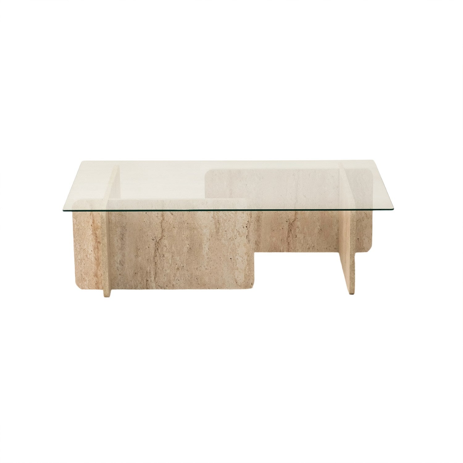 Mesa de Centro Elegante, Cor Travertino, 105 x 30 x 65 cm | Tampo 100% Vidro e Painel de Partículas Revestido em Melamina, 18 mm de Espessura | Design Elegante em Mármore para Espaços Modernos