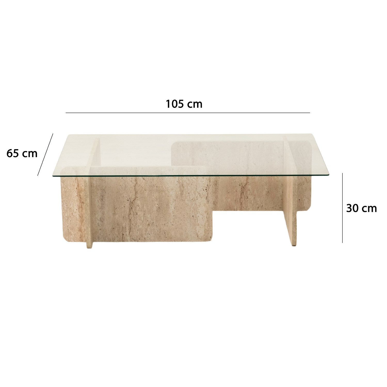 Mesa de Centro Elegante, Cor Travertino, 105 x 30 x 65 cm | Tampo 100% Vidro e Painel de Partículas Revestido em Melamina, 18 mm de Espessura | Design Elegante em Mármore para Espaços Modernos