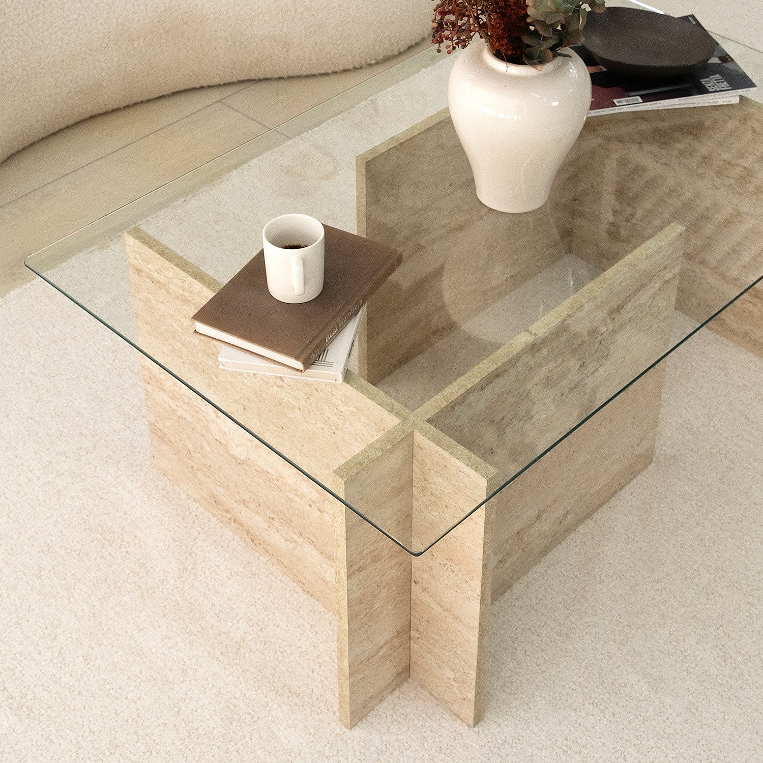 Mesa de Centro Elegante, Cor Travertino, 105 x 65 x 40 cm | Tampo 100% Vidro e 100% Painel de Partículas Revestido em Melamina, 18 mm de Espessura | Design Elegante em Mármore para Espaços Modernos