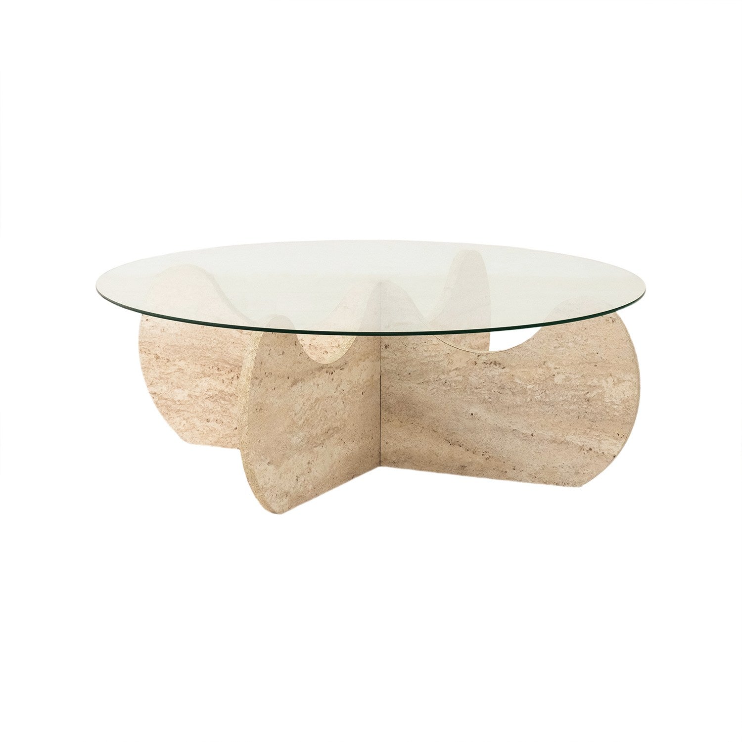 Mesa de Centro Elegante com Tampo 100% Vidro e Base Revestida em Melamina, 90 cm de Diâmetro e 30 cm de Altura | Design Elegante em Mármore Travertino para Espaços Modernos