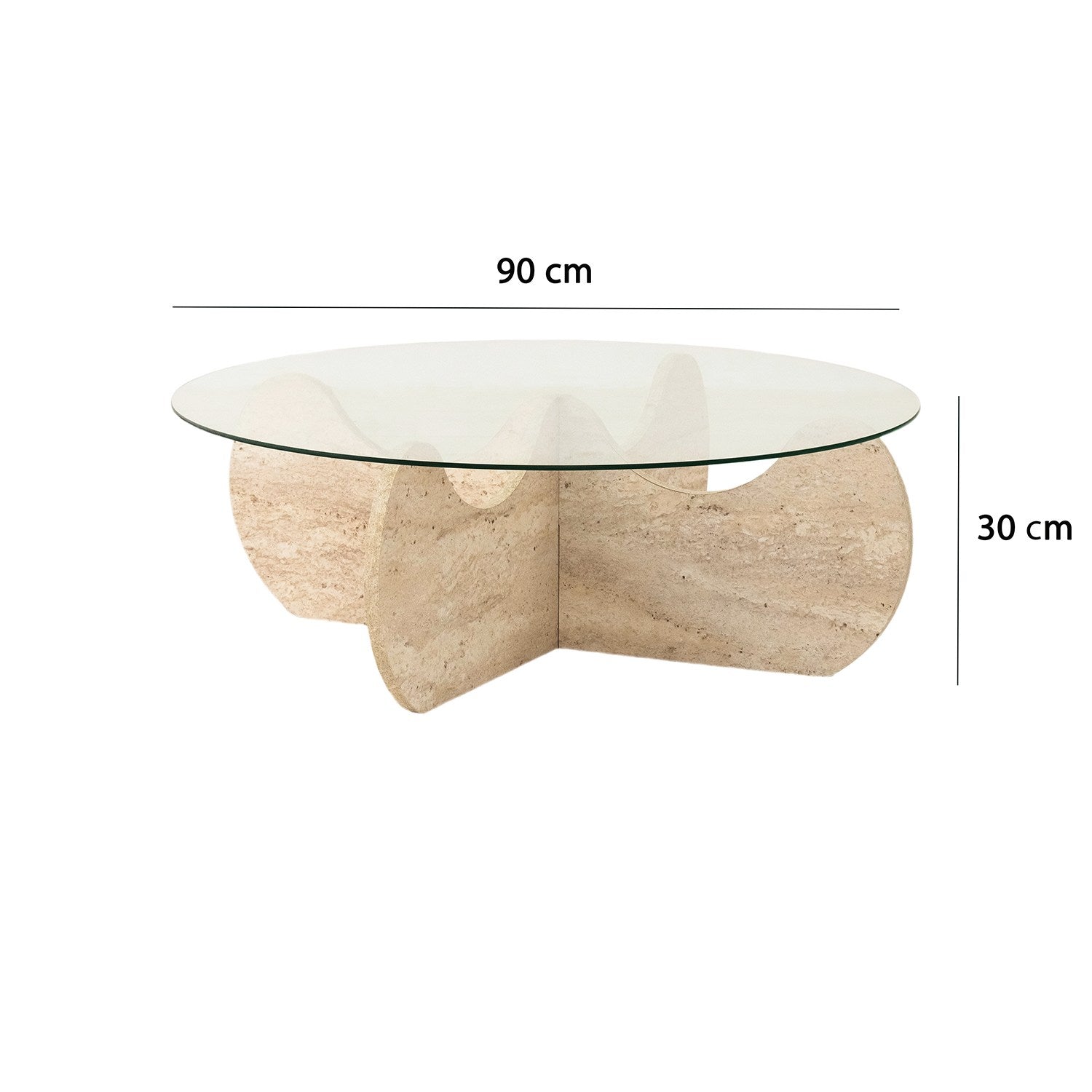Mesa de Centro Elegante com Tampo 100% Vidro e Base Revestida em Melamina, 90 cm de Diâmetro e 30 cm de Altura | Design Elegante em Mármore Travertino para Espaços Modernos
