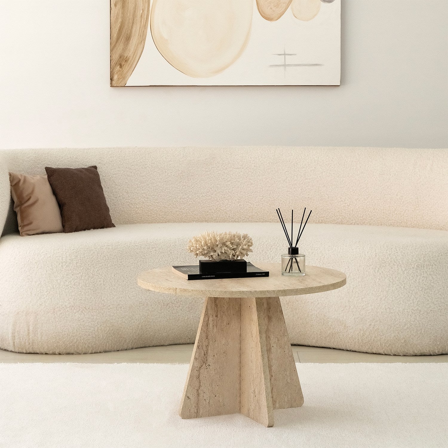 Mesa de Centro Elegante, Cor Travertino, 60 cm de Diâmetro x 40 cm de Altura | Painel de Partículas 100% Revestido em Melamina, 18 mm de Espessura | Design Elegante em Mármore para Espaços Modernos