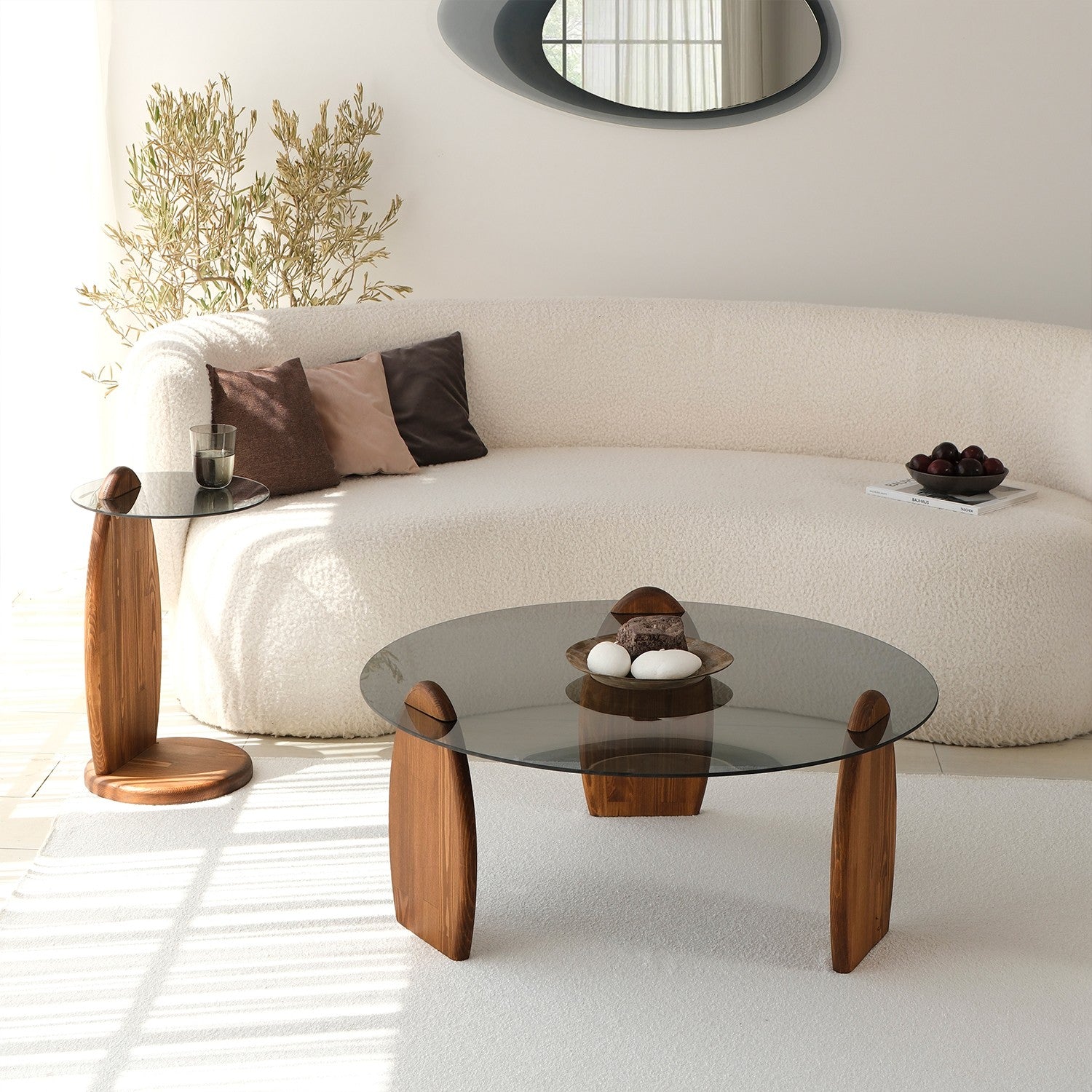 Mesa de Centro – 90 cm x 41 cm x 90 cm – Castanho e Fumaça – Madeira de Pinho e Vidro Temperado