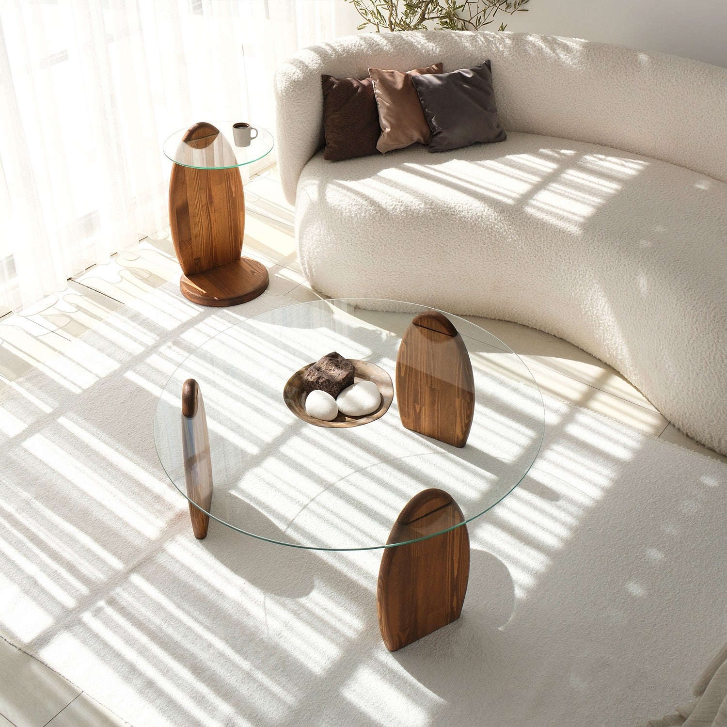 Mesa de Centro – 90cm x 41cm x 90cm – Castanho e Transparente – Madeira de Pinho e Vidro Temperado