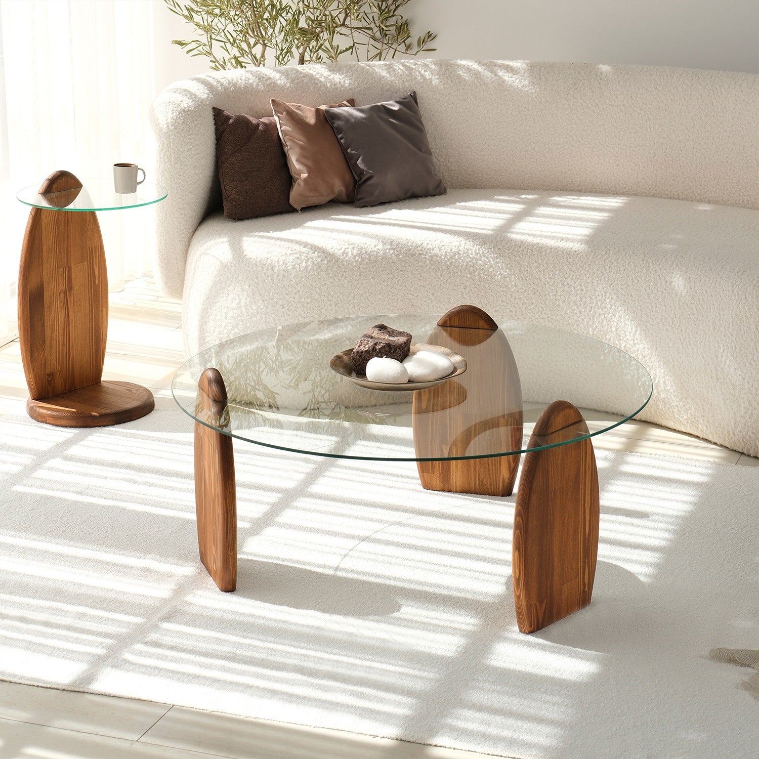 Mesa de Centro – 90cm x 41cm x 90cm – Castanho e Transparente – Madeira de Pinho e Vidro Temperado