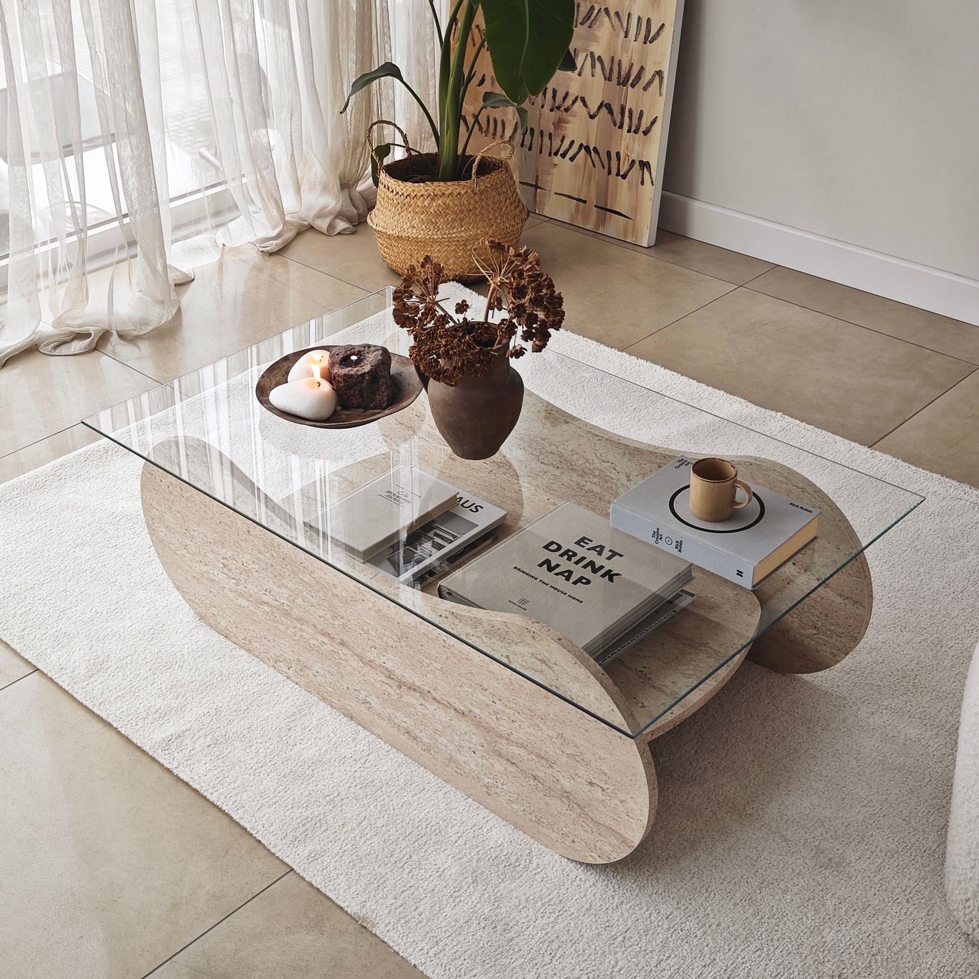 Mesa de Centro – 105cm x 35cm x 65cm – Transparente – Vidro e Aglomerado