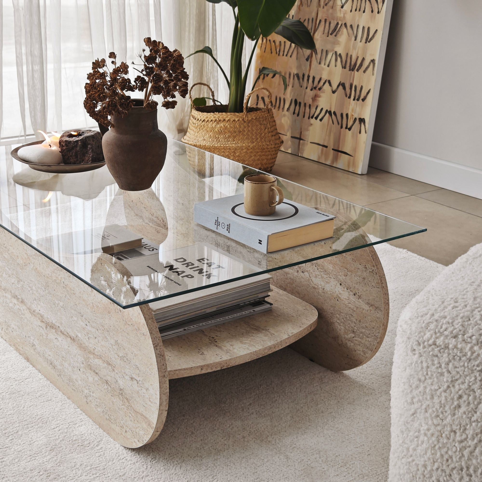 Mesa de Centro – 105cm x 35cm x 65cm – Transparente – Vidro e Aglomerado