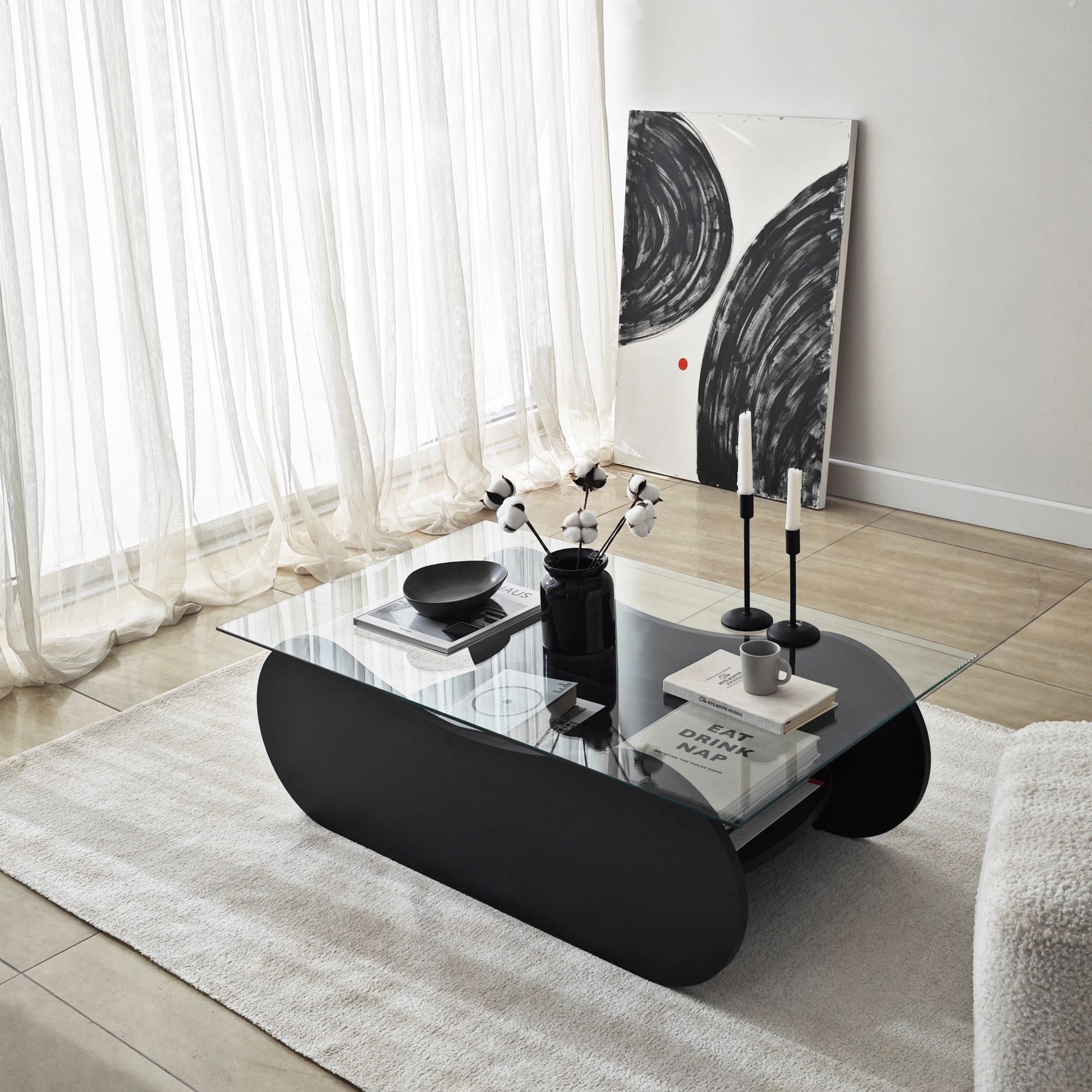 Mesa de Centro – 105cm x 35cm x 65cm – Preto e Transparente – Vidro e Aglomerado