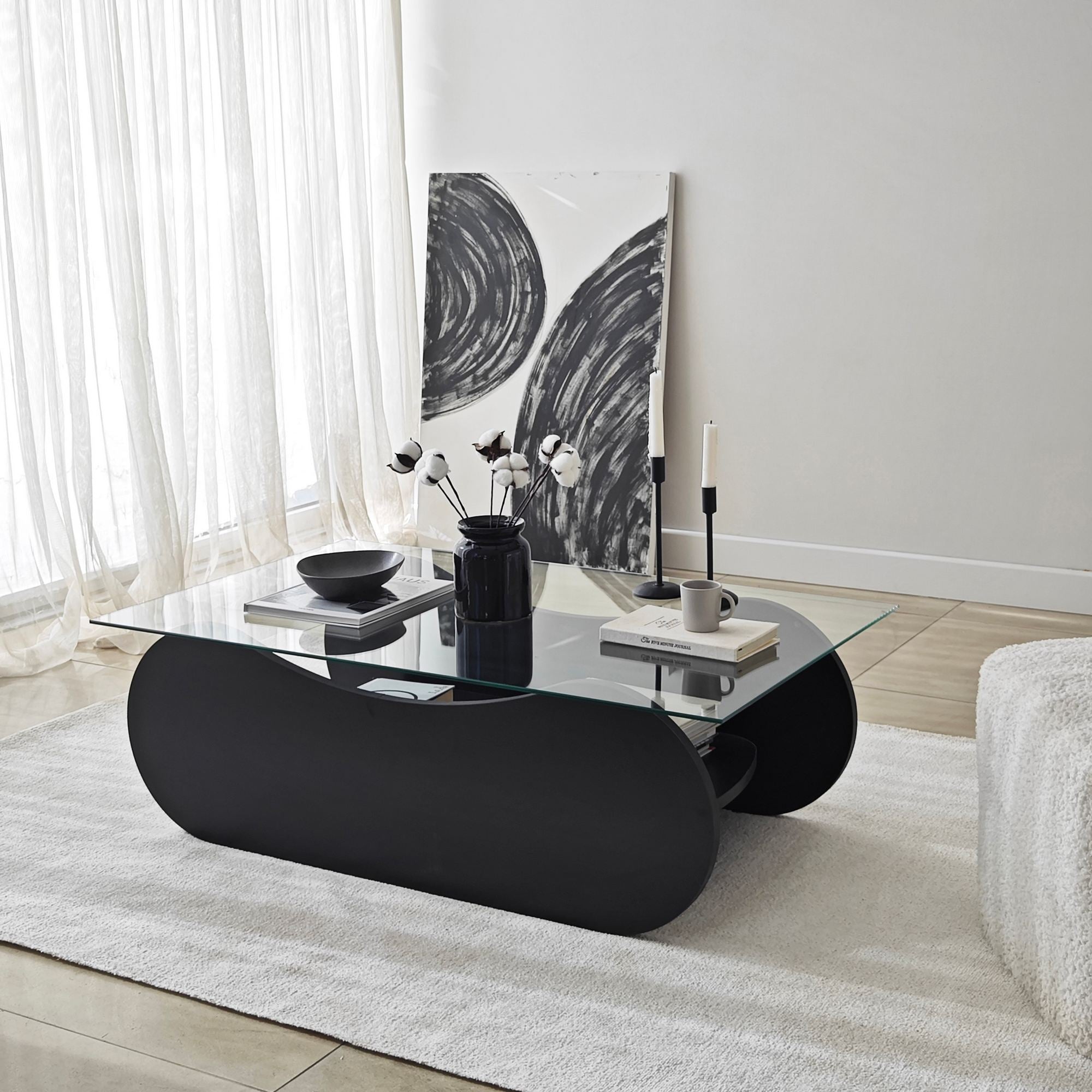 Mesa de Centro – 105cm x 35cm x 65cm – Preto e Transparente – Vidro e Aglomerado