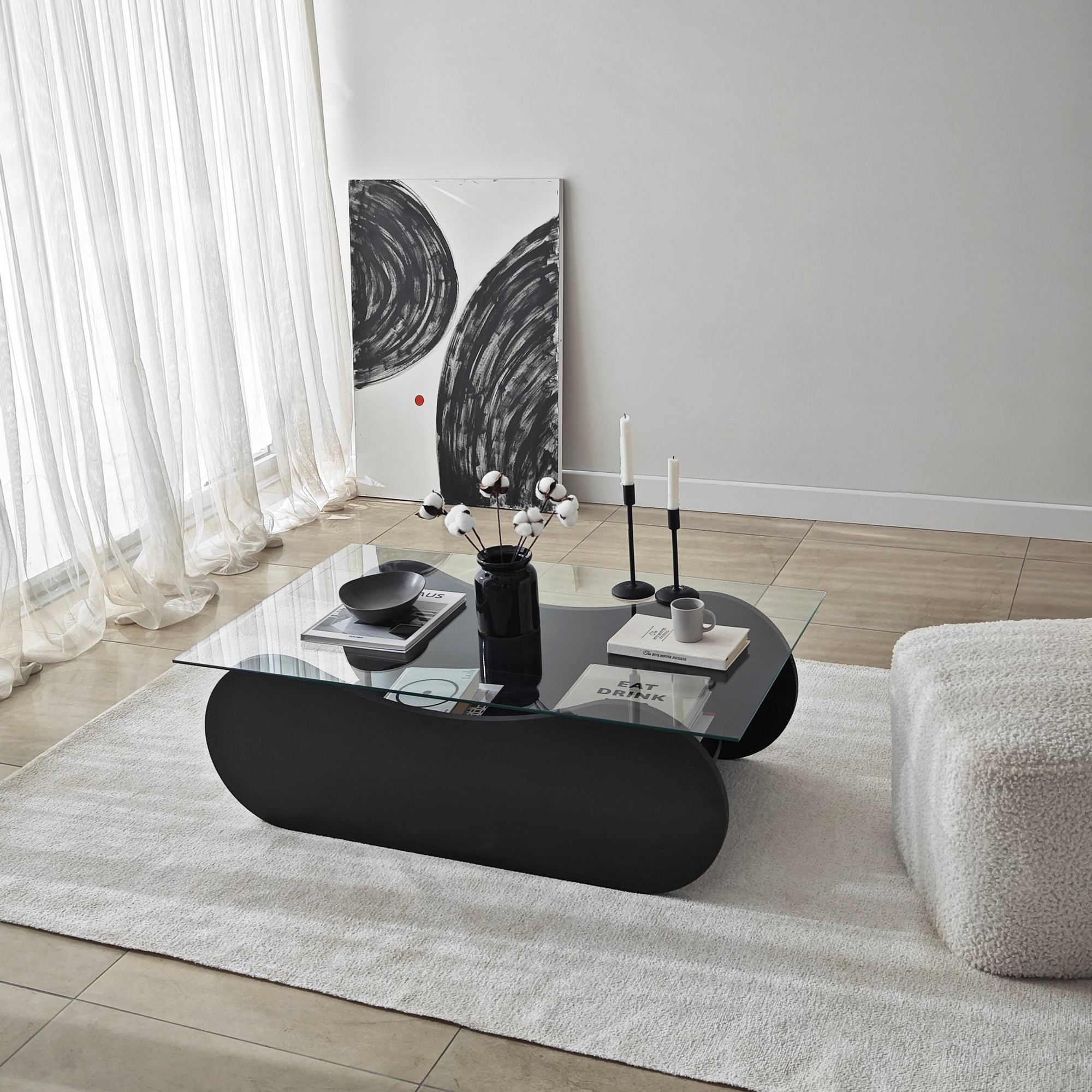Mesa de Centro – 105cm x 35cm x 65cm – Preto e Transparente – Vidro e Aglomerado