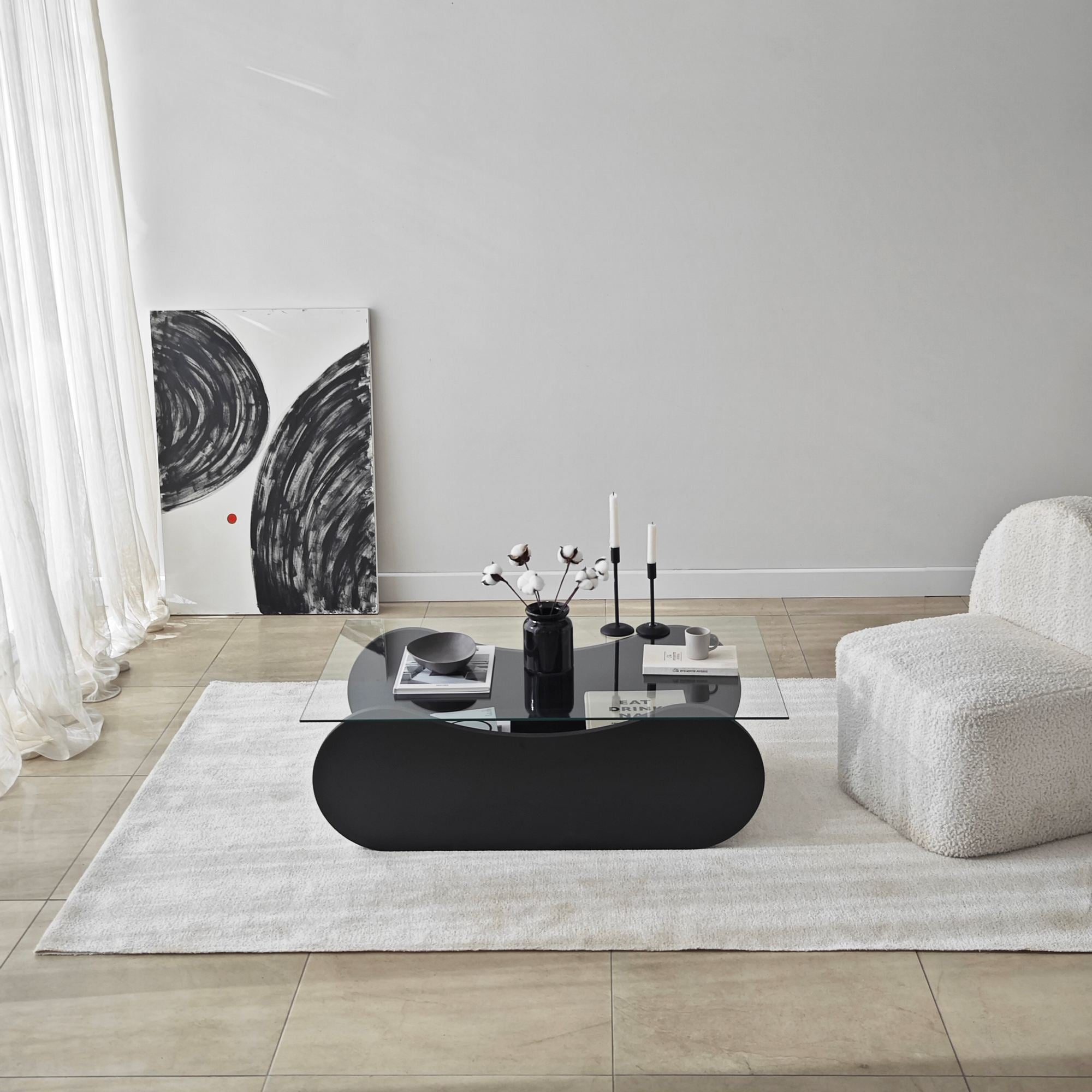 Mesa de Centro – 105cm x 35cm x 65cm – Preto e Transparente – Vidro e Aglomerado