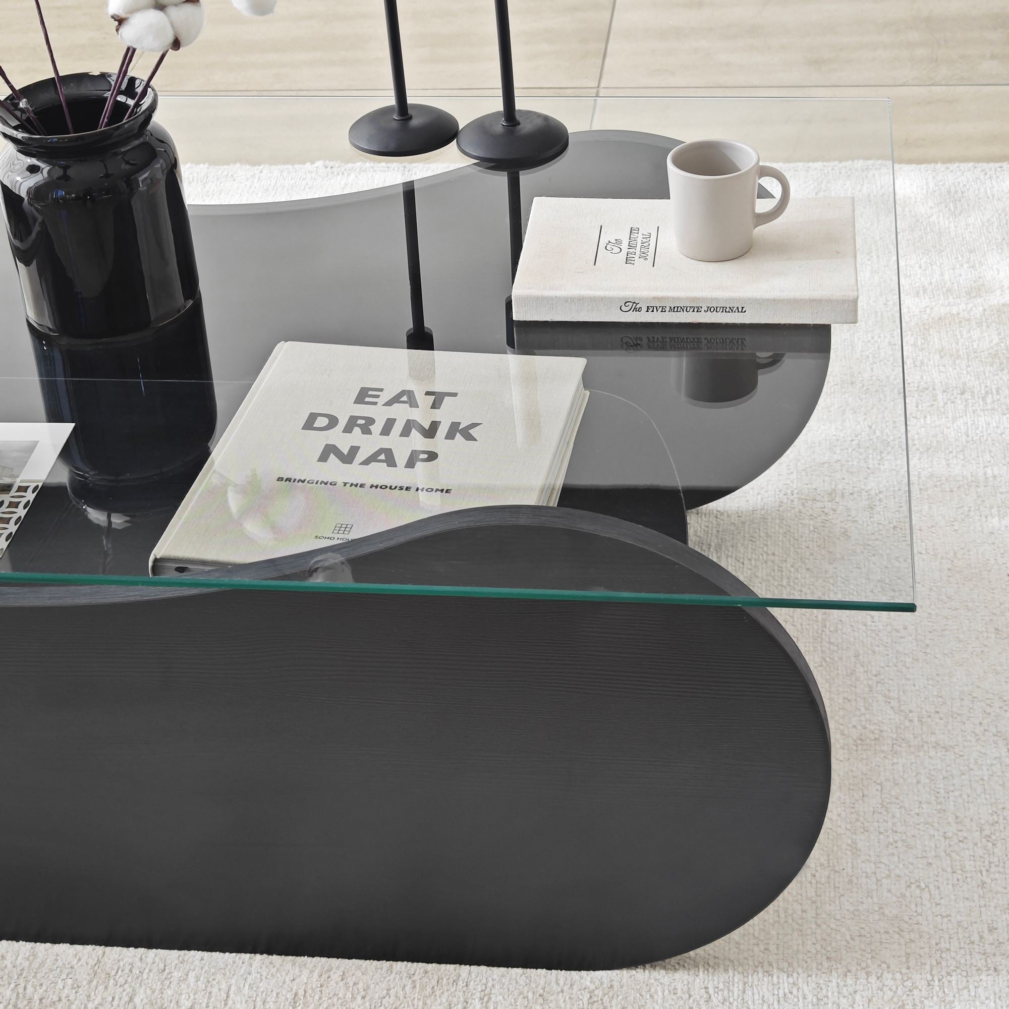 Mesa de Centro – 105cm x 35cm x 65cm – Preto e Transparente – Vidro e Aglomerado