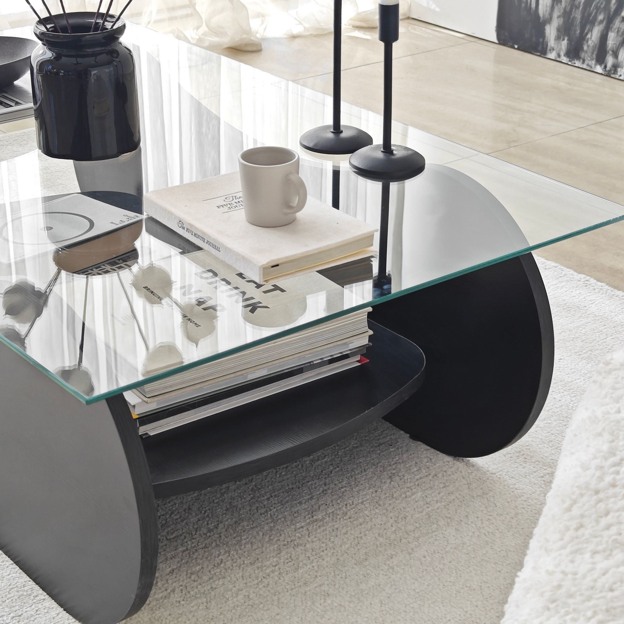 Mesa de Centro – 105cm x 35cm x 65cm – Preto e Transparente – Vidro e Aglomerado
