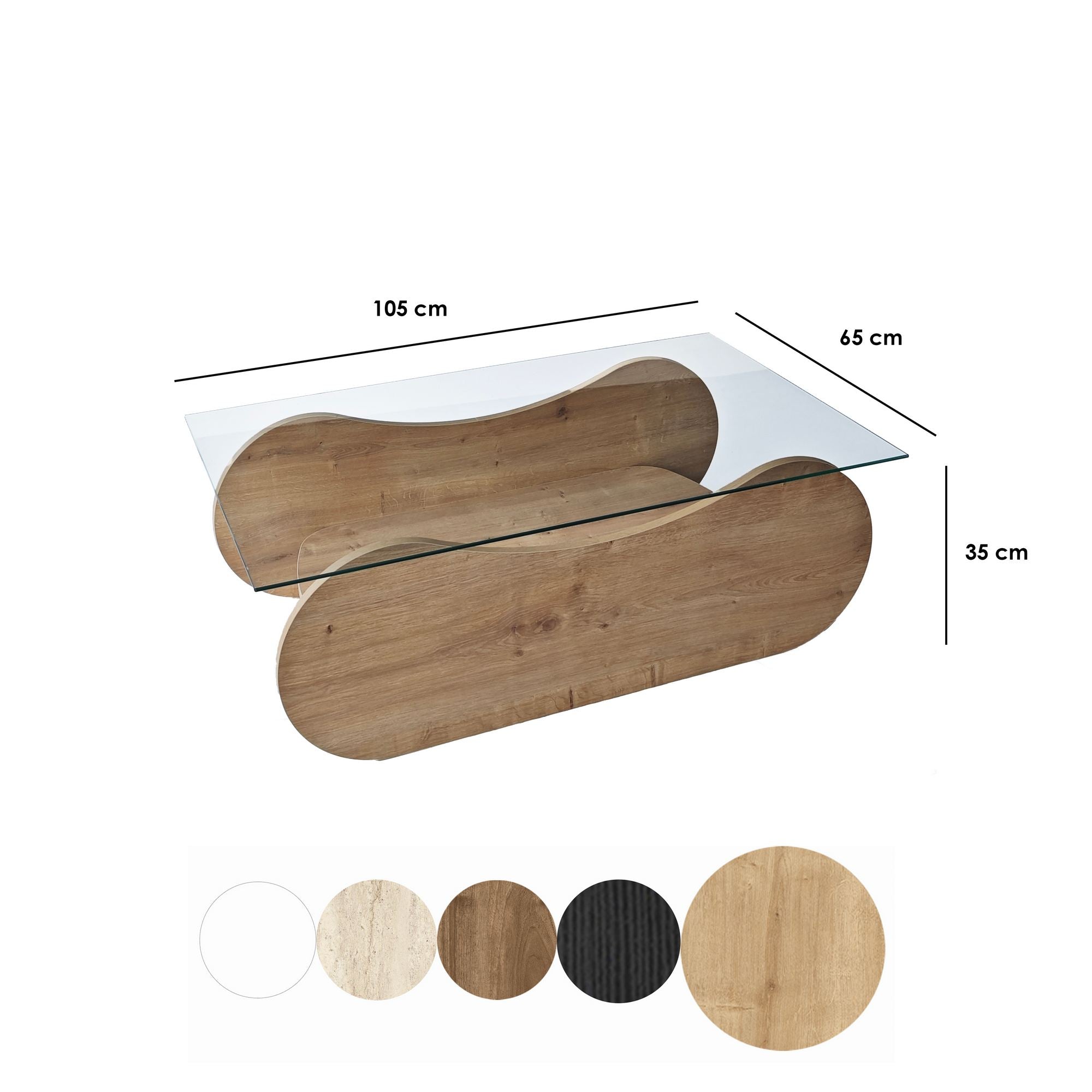 Mesa de Centro – 105cm x 35cm x 65cm – Carvalho Safira e Transparente – Vidro Temperado e Aglomerado