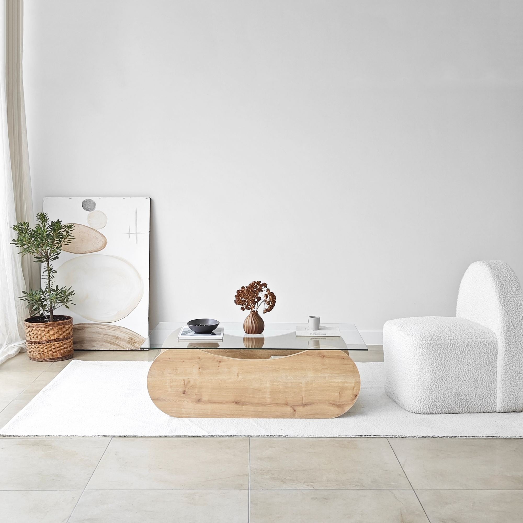 Mesa de Centro – 105cm x 35cm x 65cm – Carvalho Safira e Transparente – Vidro Temperado e Aglomerado