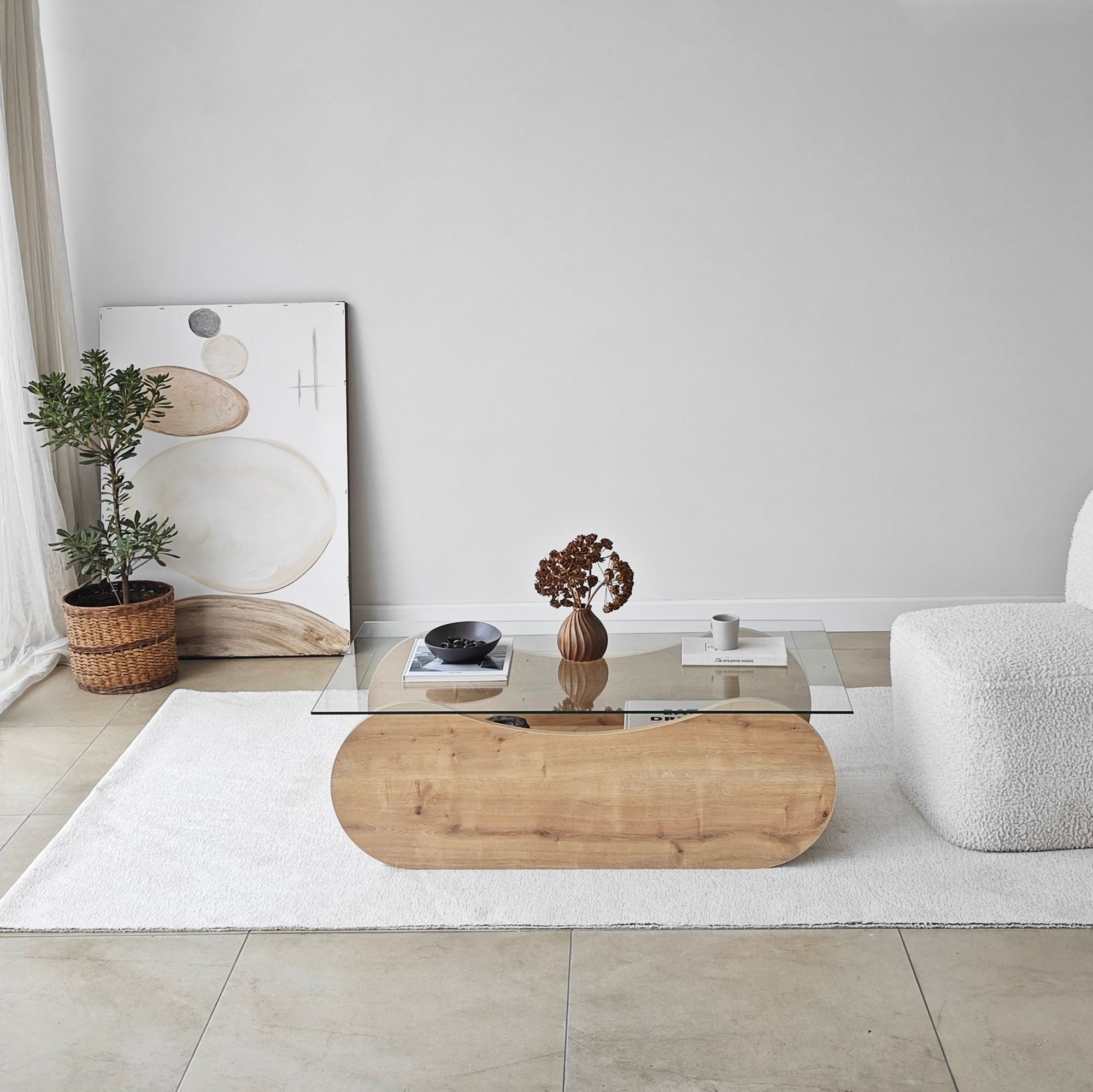 Mesa de Centro – 105cm x 35cm x 65cm – Carvalho Safira e Transparente – Vidro Temperado e Aglomerado