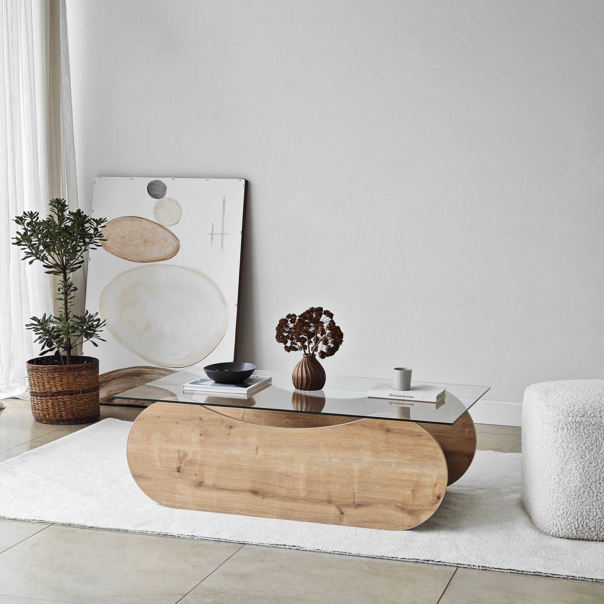 Mesa de Centro – 105cm x 35cm x 65cm – Carvalho Safira e Transparente – Vidro Temperado e Aglomerado