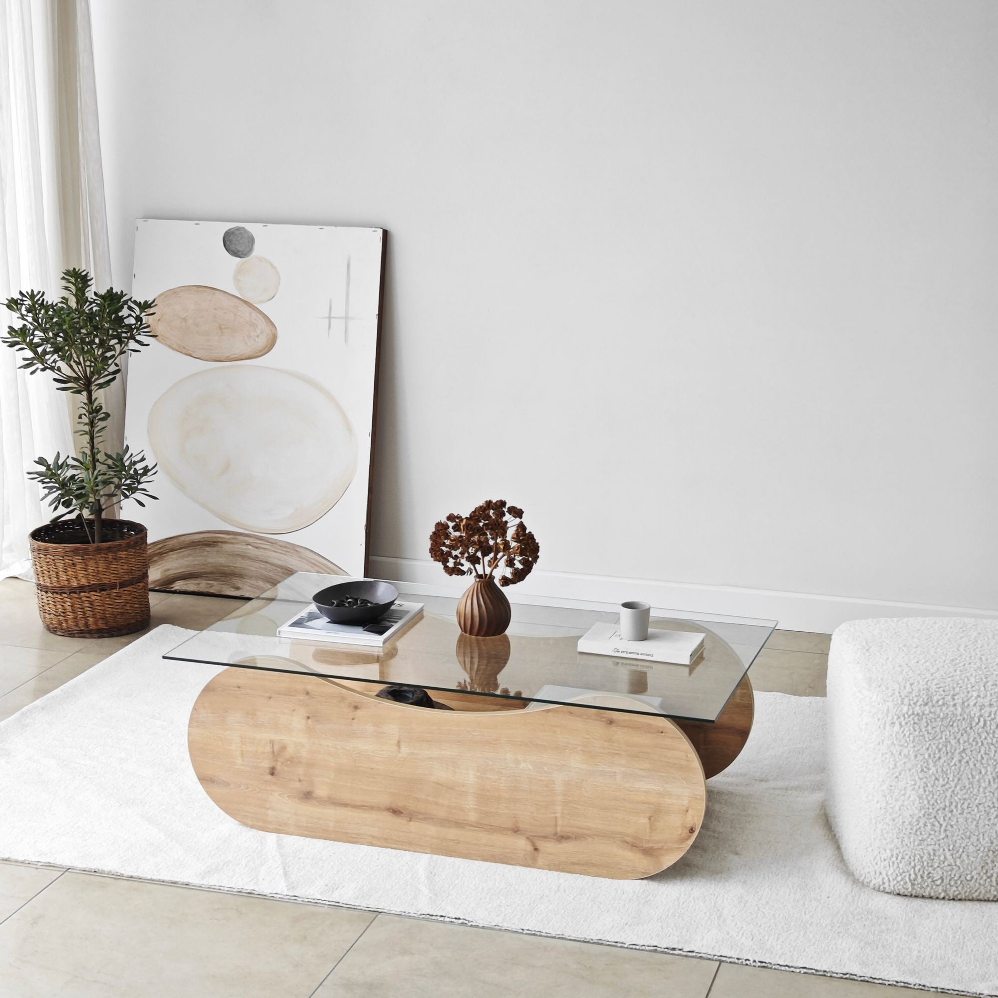 Mesa de Centro – 105cm x 35cm x 65cm – Carvalho Safira e Transparente – Vidro Temperado e Aglomerado