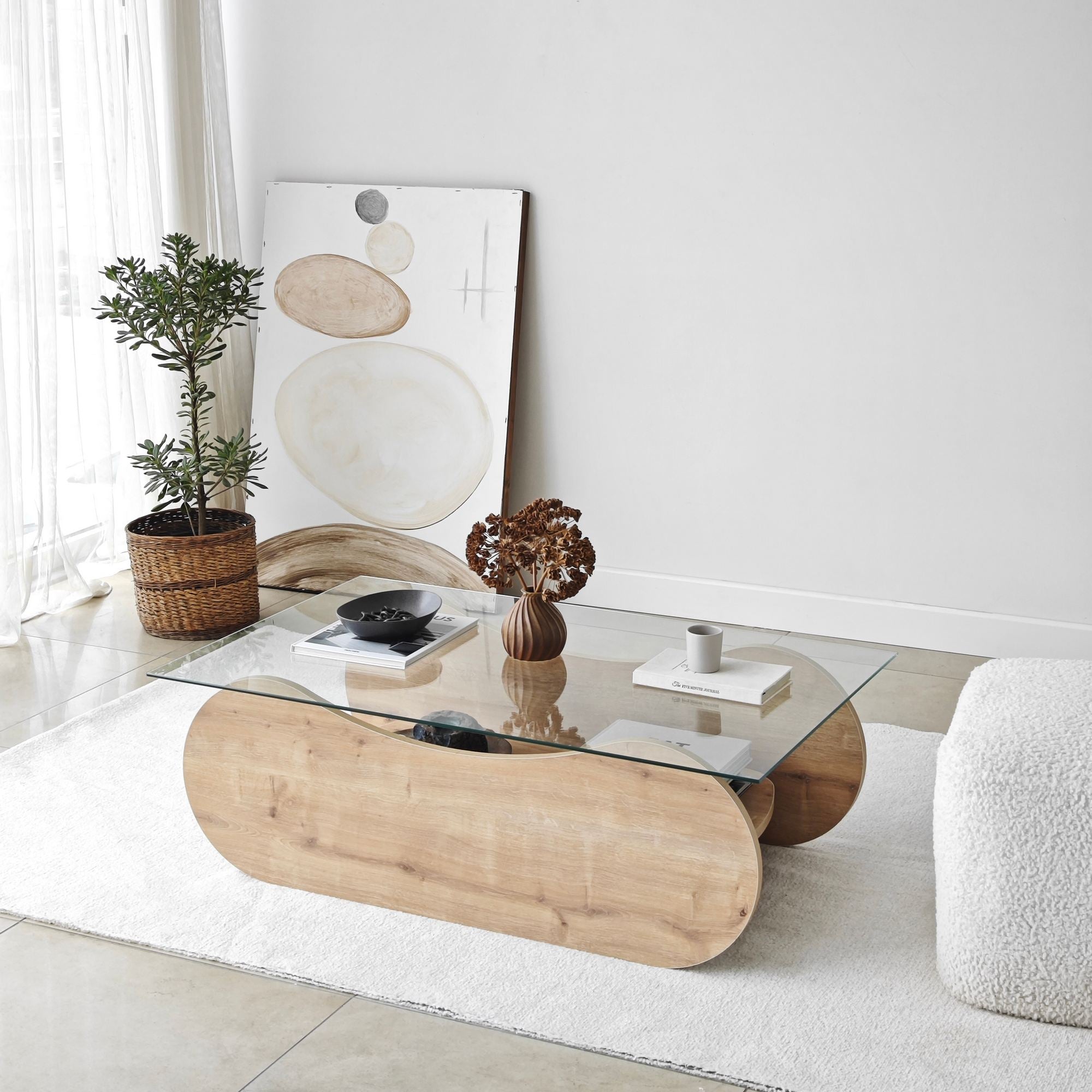 Mesa de Centro – 105cm x 35cm x 65cm – Carvalho Safira e Transparente – Vidro Temperado e Aglomerado