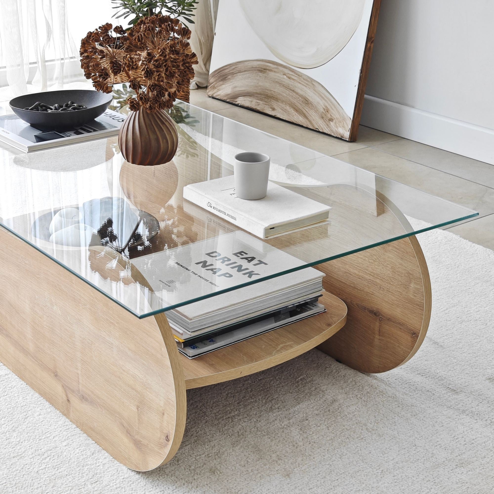 Mesa de Centro – 105cm x 35cm x 65cm – Carvalho Safira e Transparente – Vidro Temperado e Aglomerado