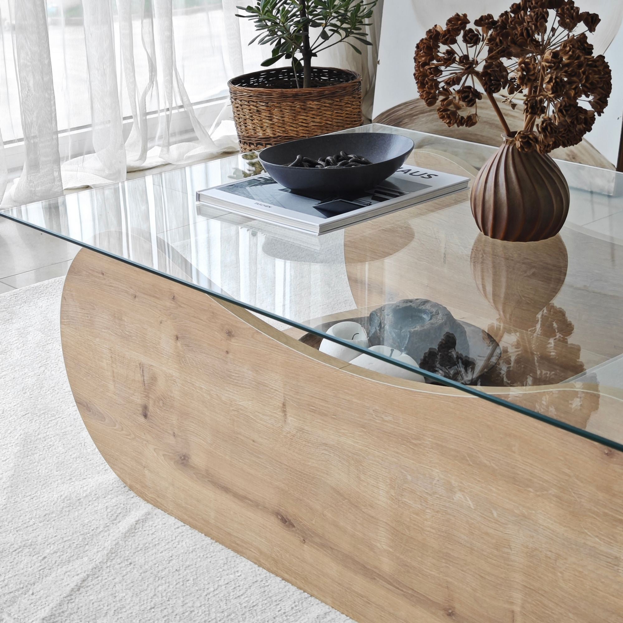 Mesa de Centro – 105cm x 35cm x 65cm – Carvalho Safira e Transparente – Vidro Temperado e Aglomerado