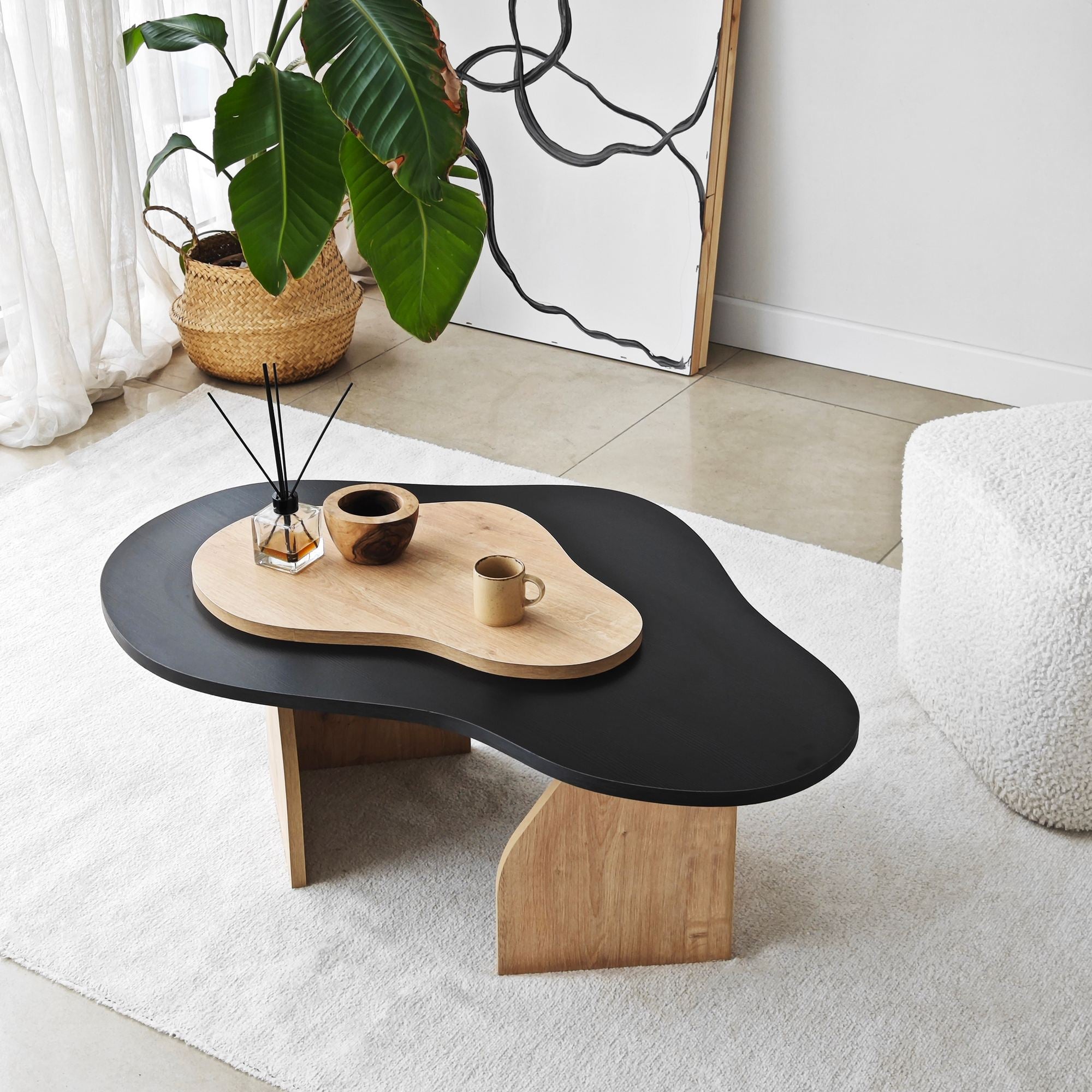 Mesa de Centro – 105 cm x 35 cm x 65 cm – Preto e Carvalho Safira – Painel de partículas revestido a melamina