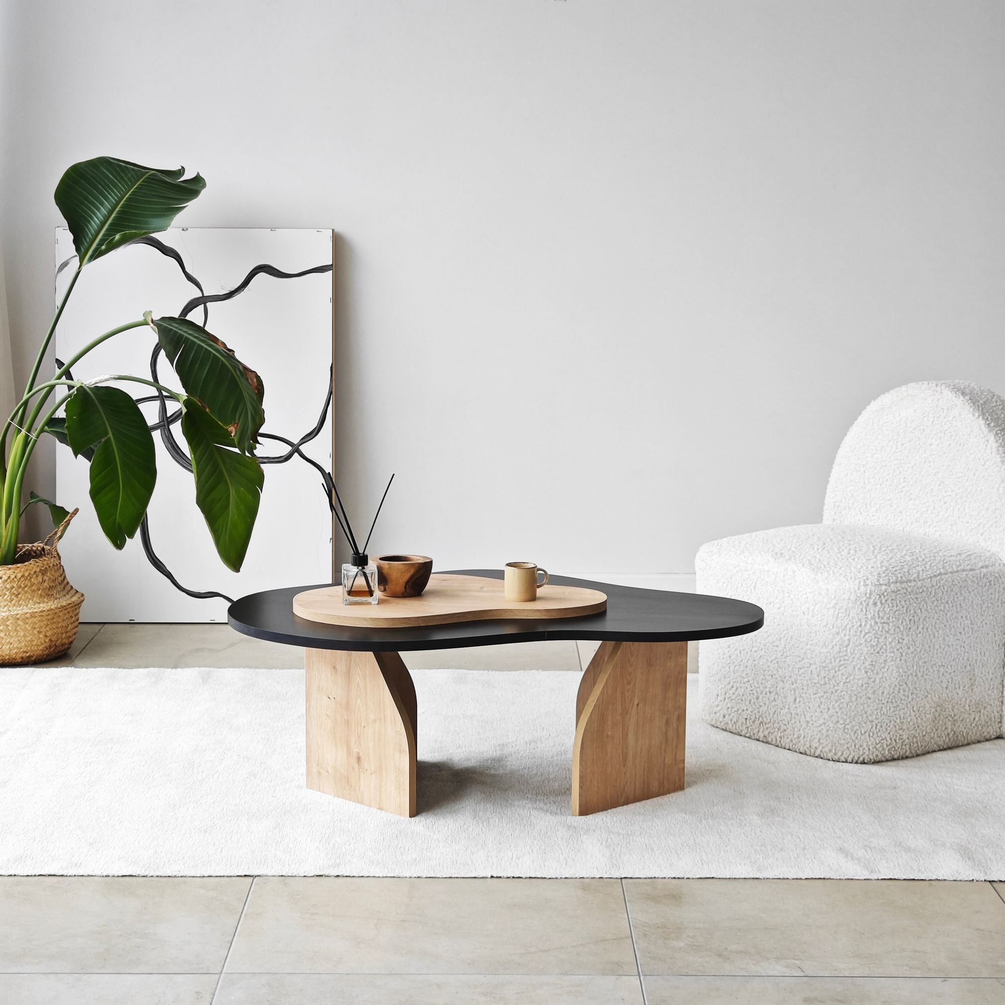 Mesa de Centro – 105 cm x 35 cm x 65 cm – Preto e Carvalho Safira – Painel de partículas revestido a melamina