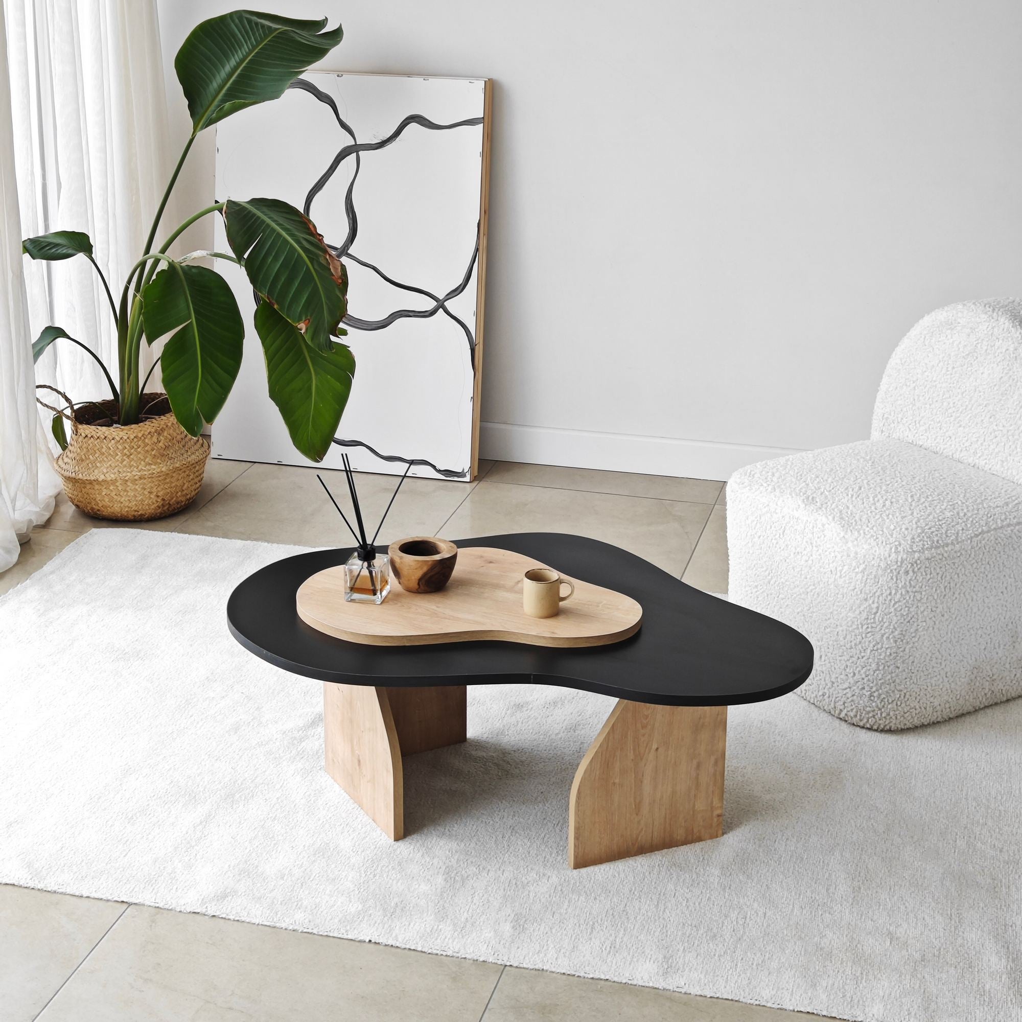 Mesa de Centro – 105 cm x 35 cm x 65 cm – Preto e Carvalho Safira – Painel de partículas revestido a melamina