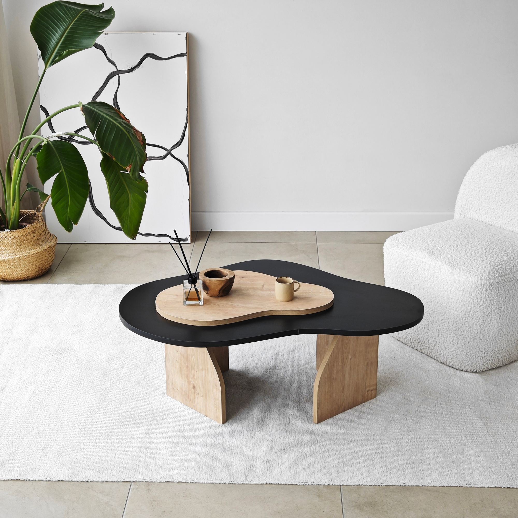 Mesa de Centro – 105 cm x 35 cm x 65 cm – Preto e Carvalho Safira – Painel de partículas revestido a melamina