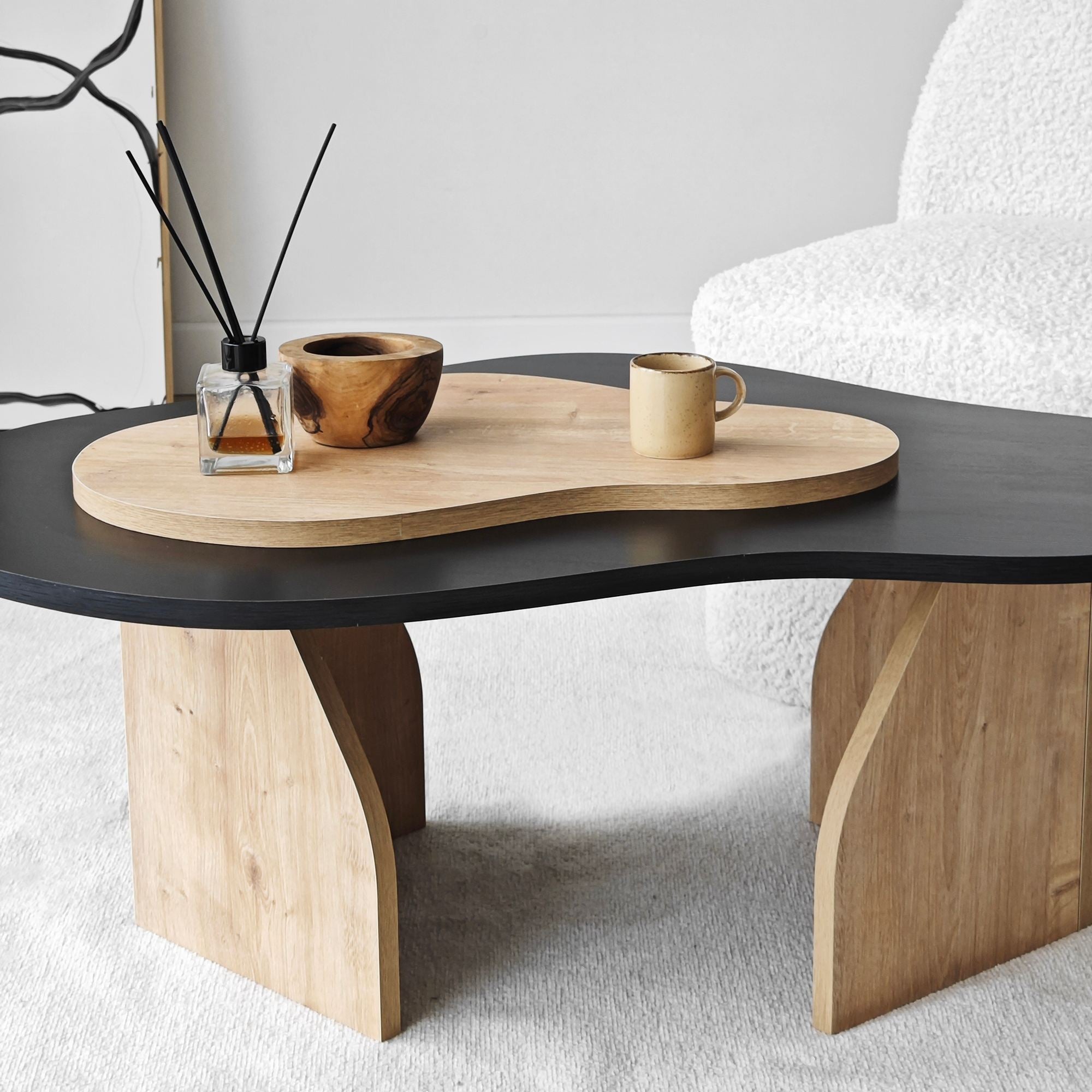 Mesa de Centro – 105 cm x 35 cm x 65 cm – Preto e Carvalho Safira – Painel de partículas revestido a melamina