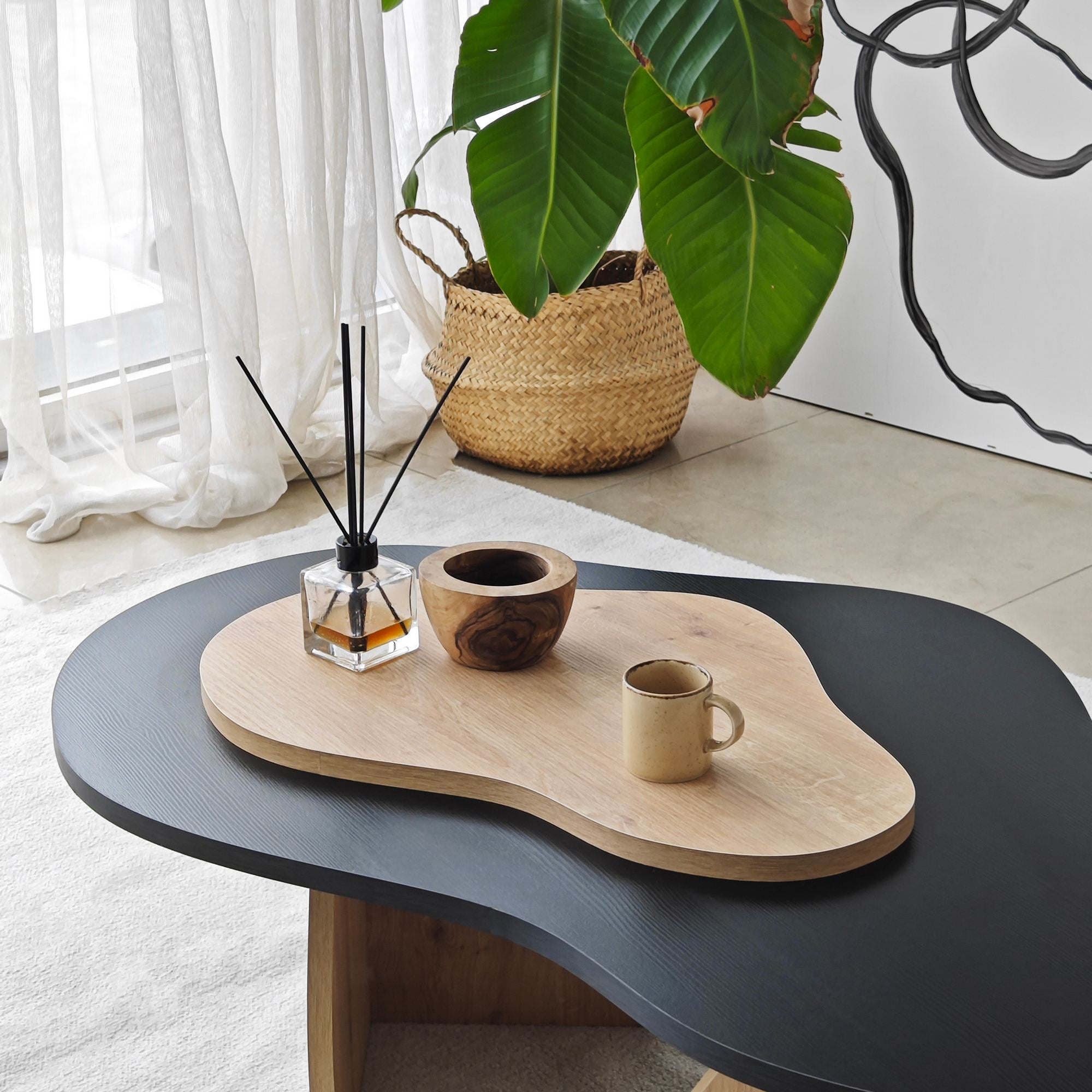 Mesa de Centro – 105 cm x 35 cm x 65 cm – Preto e Carvalho Safira – Painel de partículas revestido a melamina