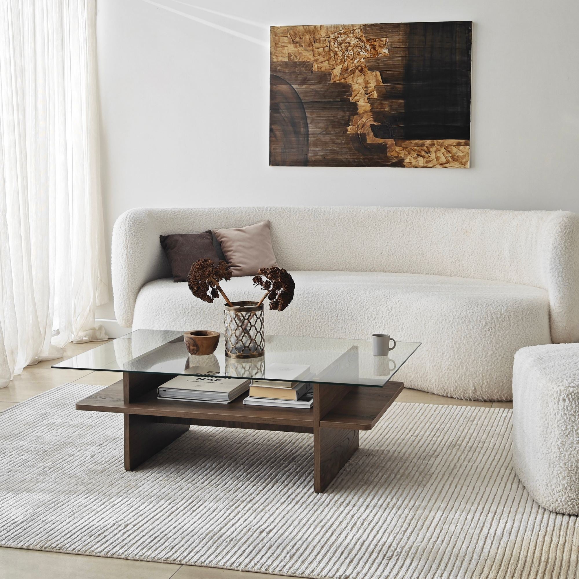 Mesa de Centro – 105cm x 35cm x 65cm – Nogueira – Vidro Temperado