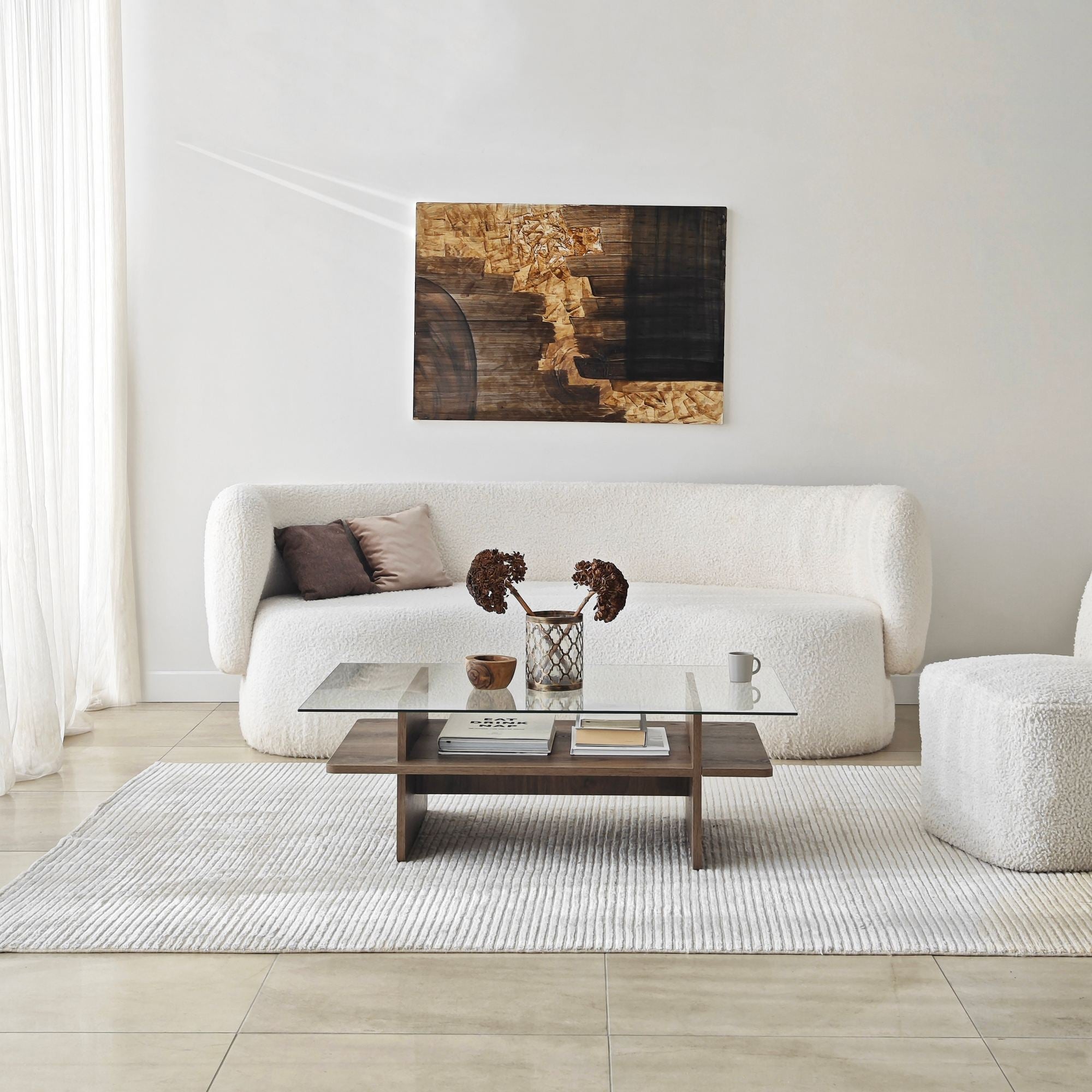 Mesa de Centro – 105cm x 35cm x 65cm – Nogueira – Vidro Temperado