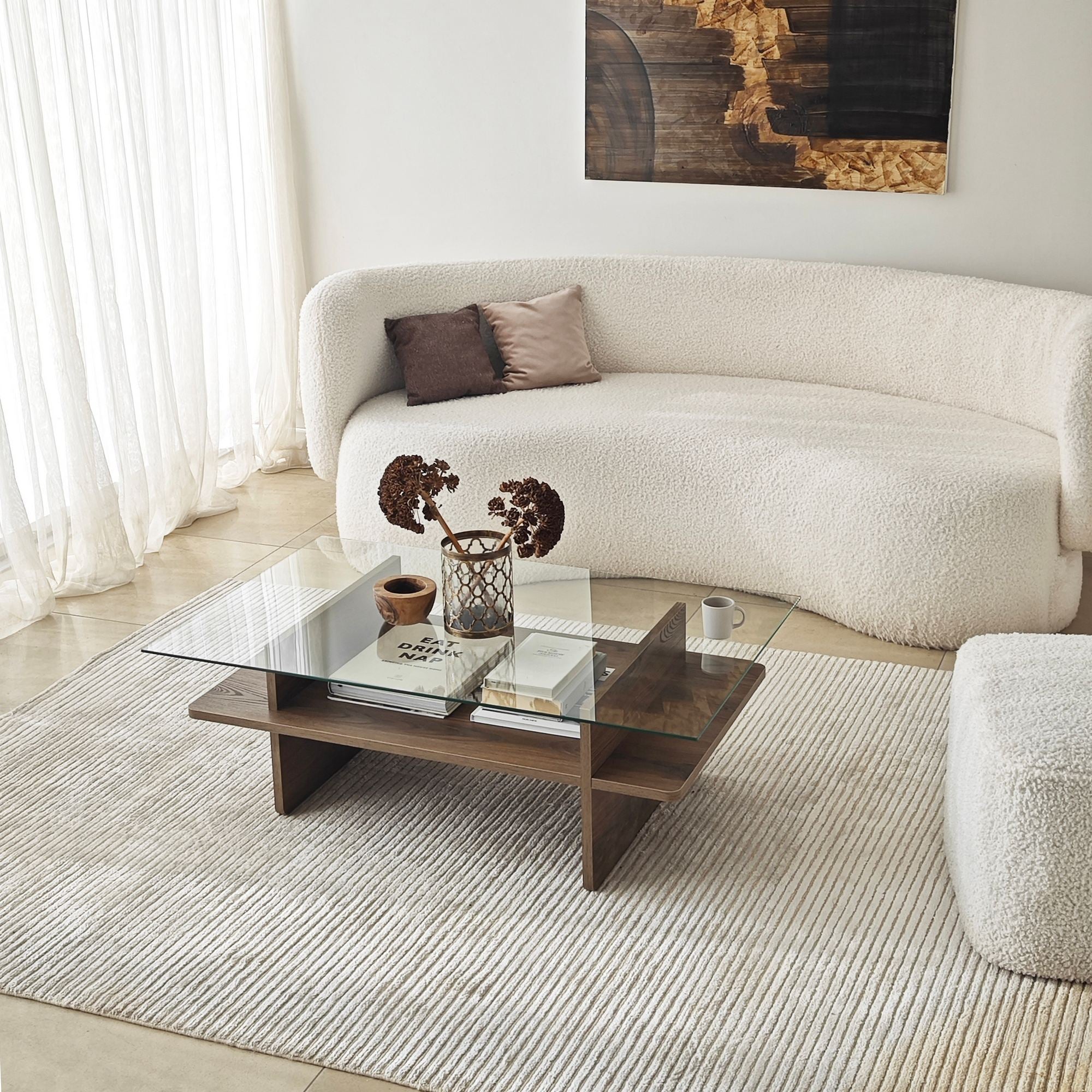 Mesa de Centro – 105cm x 35cm x 65cm – Nogueira – Vidro Temperado