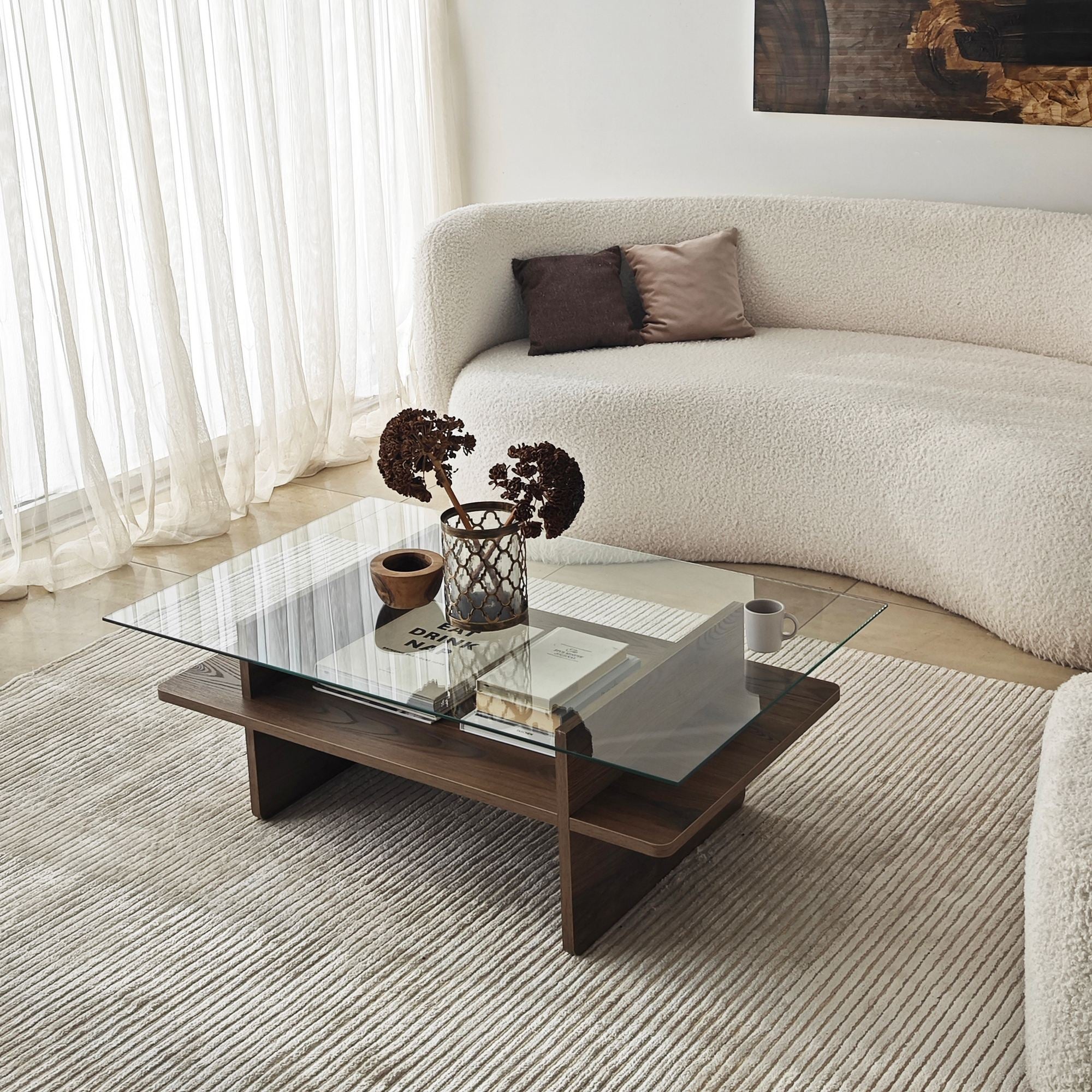 Mesa de Centro – 105cm x 35cm x 65cm – Nogueira – Vidro Temperado