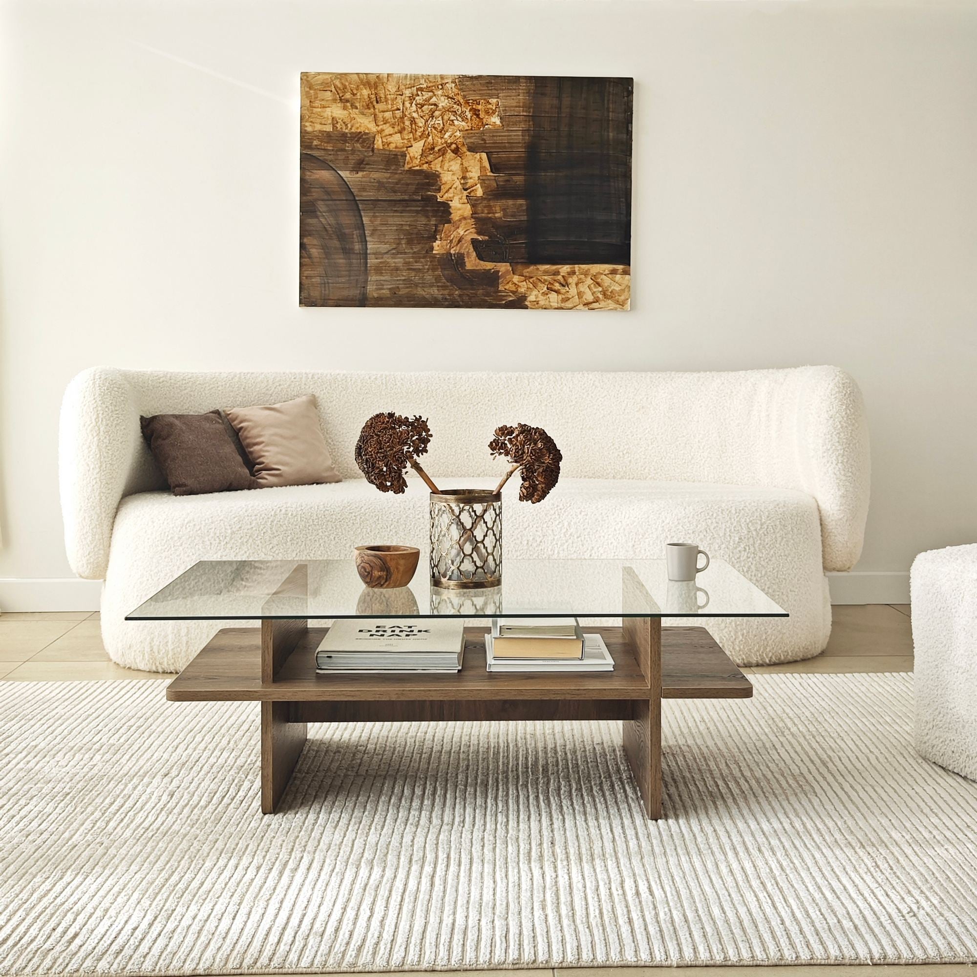 Mesa de Centro – 105cm x 35cm x 65cm – Nogueira – Vidro Temperado