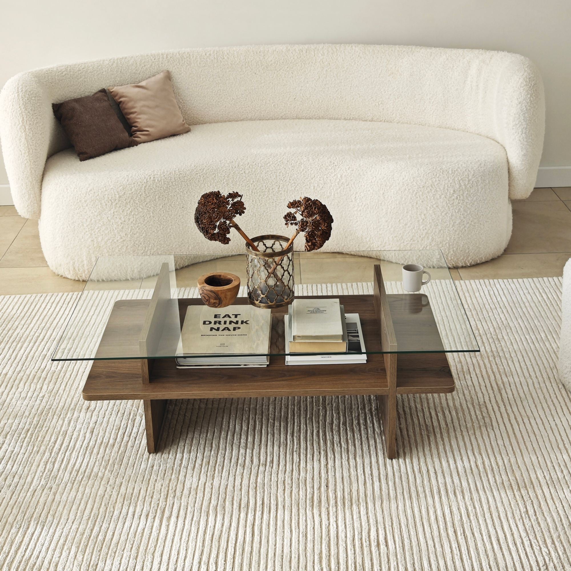 Mesa de Centro – 105cm x 35cm x 65cm – Nogueira – Vidro Temperado