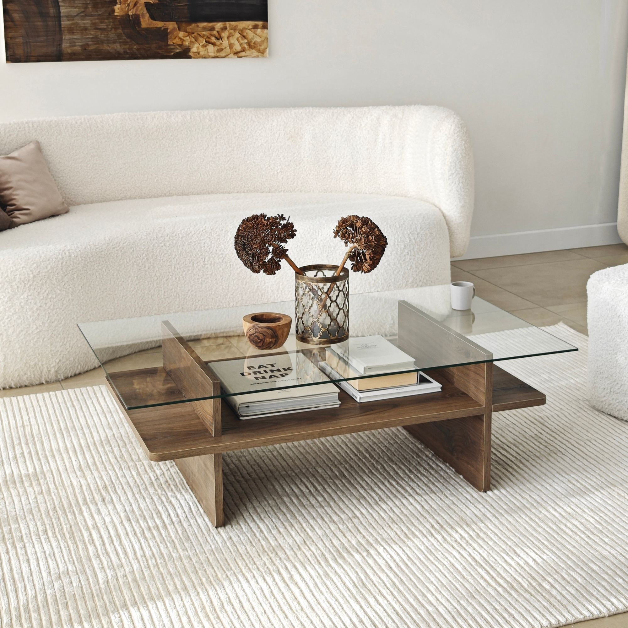 Mesa de Centro – 105cm x 35cm x 65cm – Nogueira – Vidro Temperado