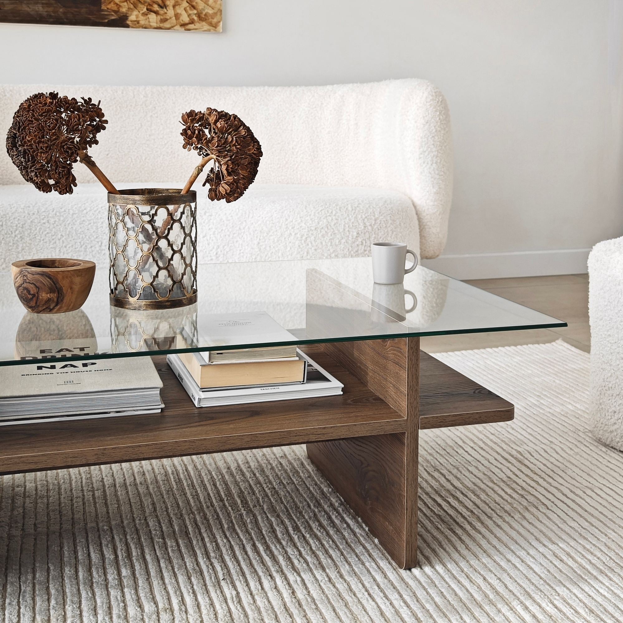 Mesa de Centro – 105cm x 35cm x 65cm – Nogueira – Vidro Temperado