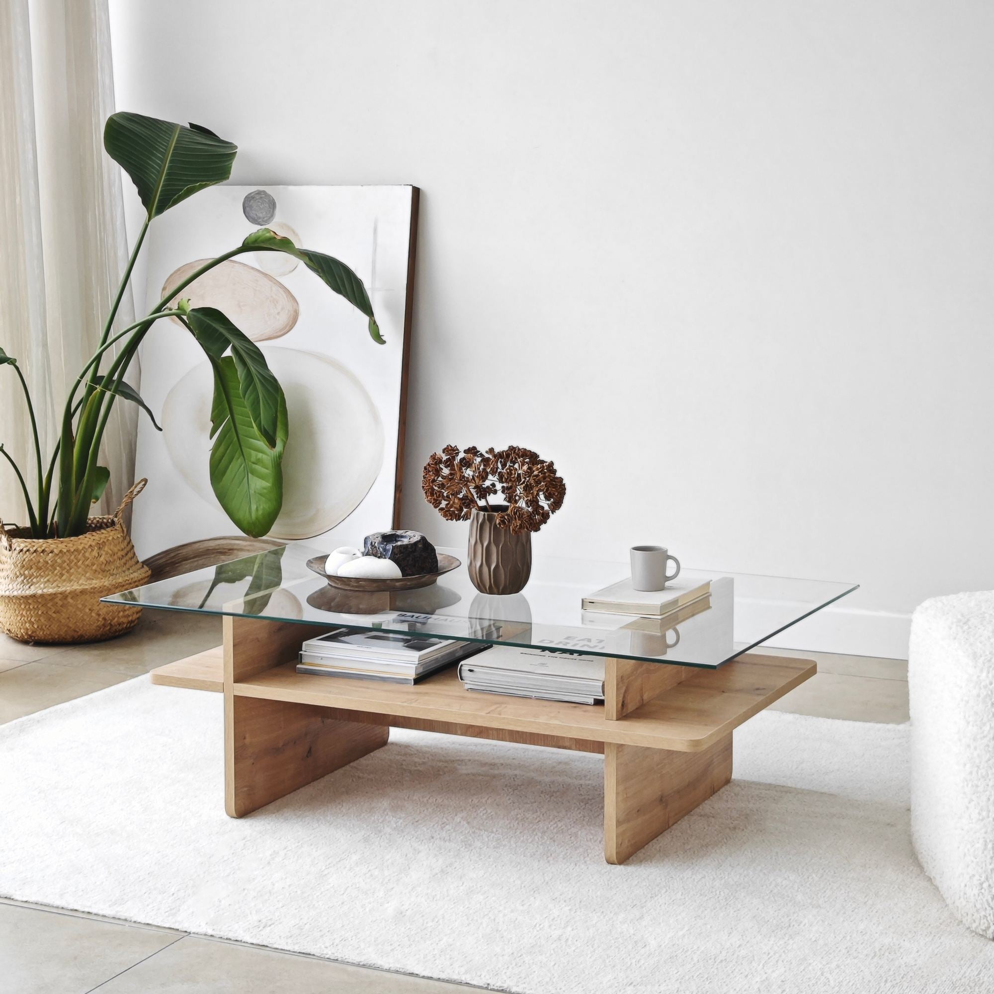 Mesa de Centro – 105 cm x 35 cm x 65 cm – Safira e Transparente – Vidro Temperado e Aglomerado