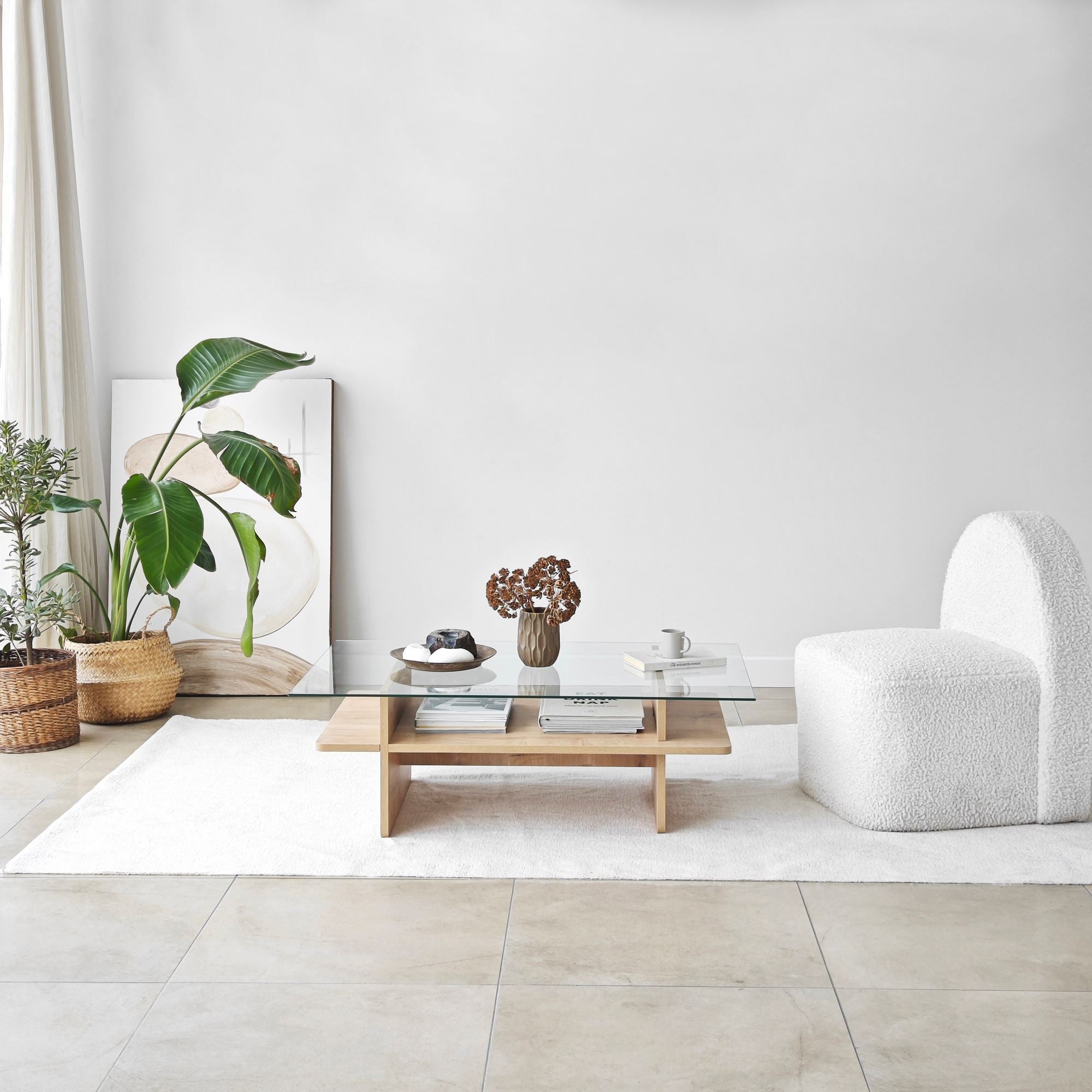 Mesa de Centro – 105 cm x 35 cm x 65 cm – Safira e Transparente – Vidro Temperado e Aglomerado