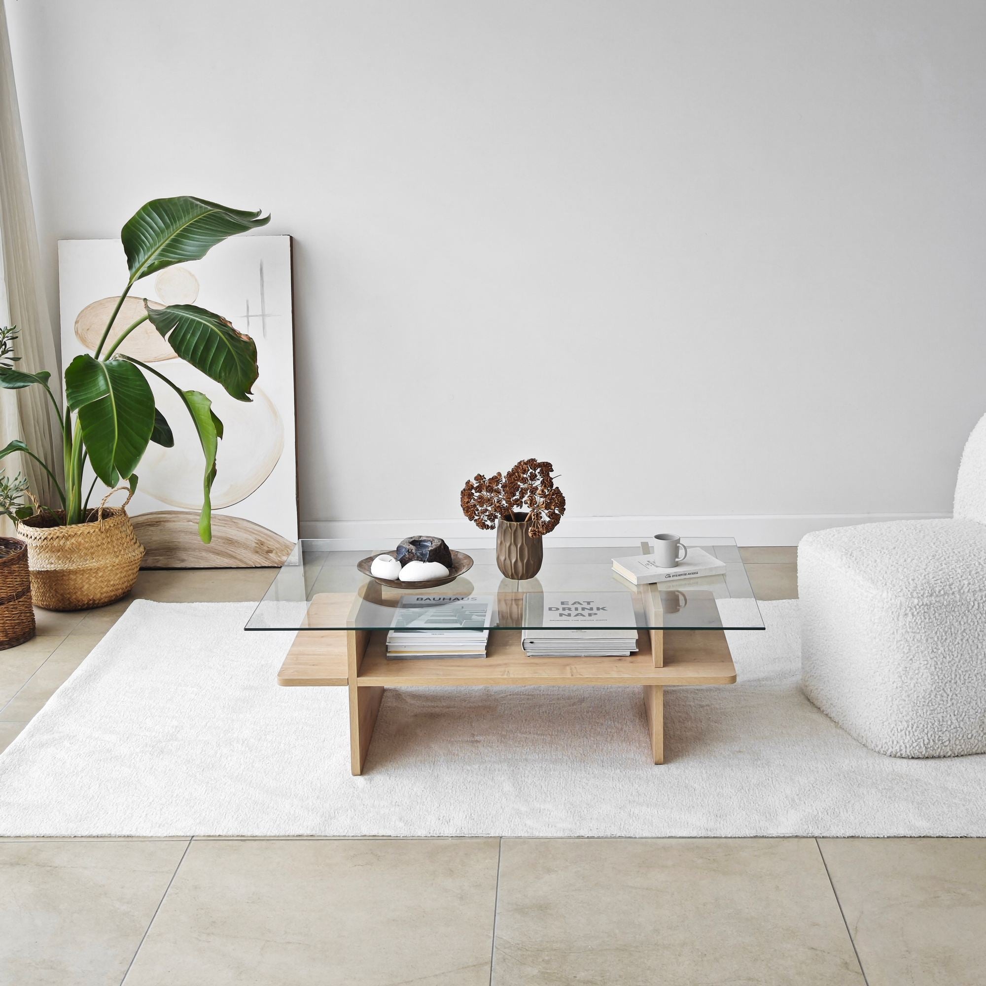 Mesa de Centro – 105 cm x 35 cm x 65 cm – Safira e Transparente – Vidro Temperado e Aglomerado