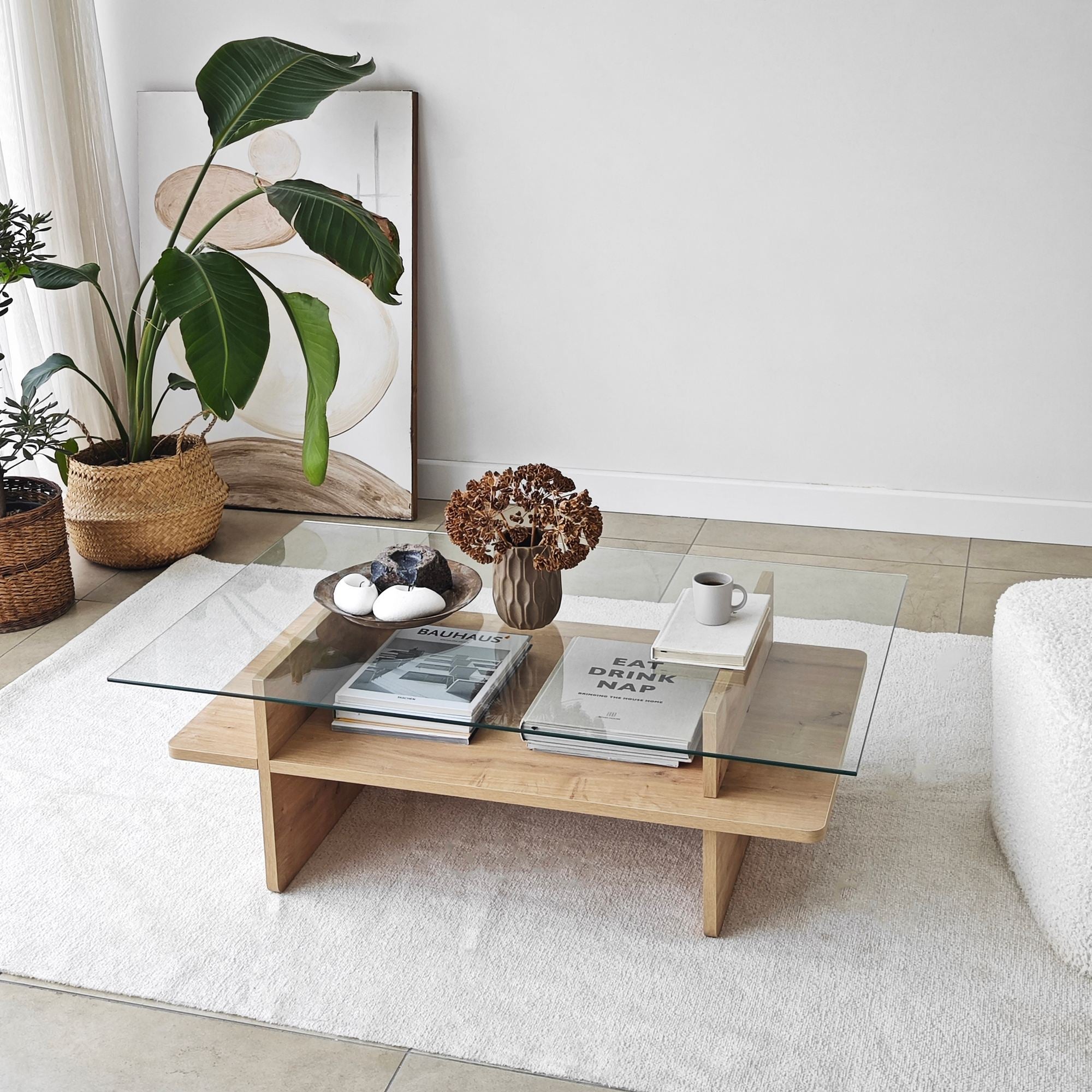 Mesa de Centro – 105 cm x 35 cm x 65 cm – Safira e Transparente – Vidro Temperado e Aglomerado